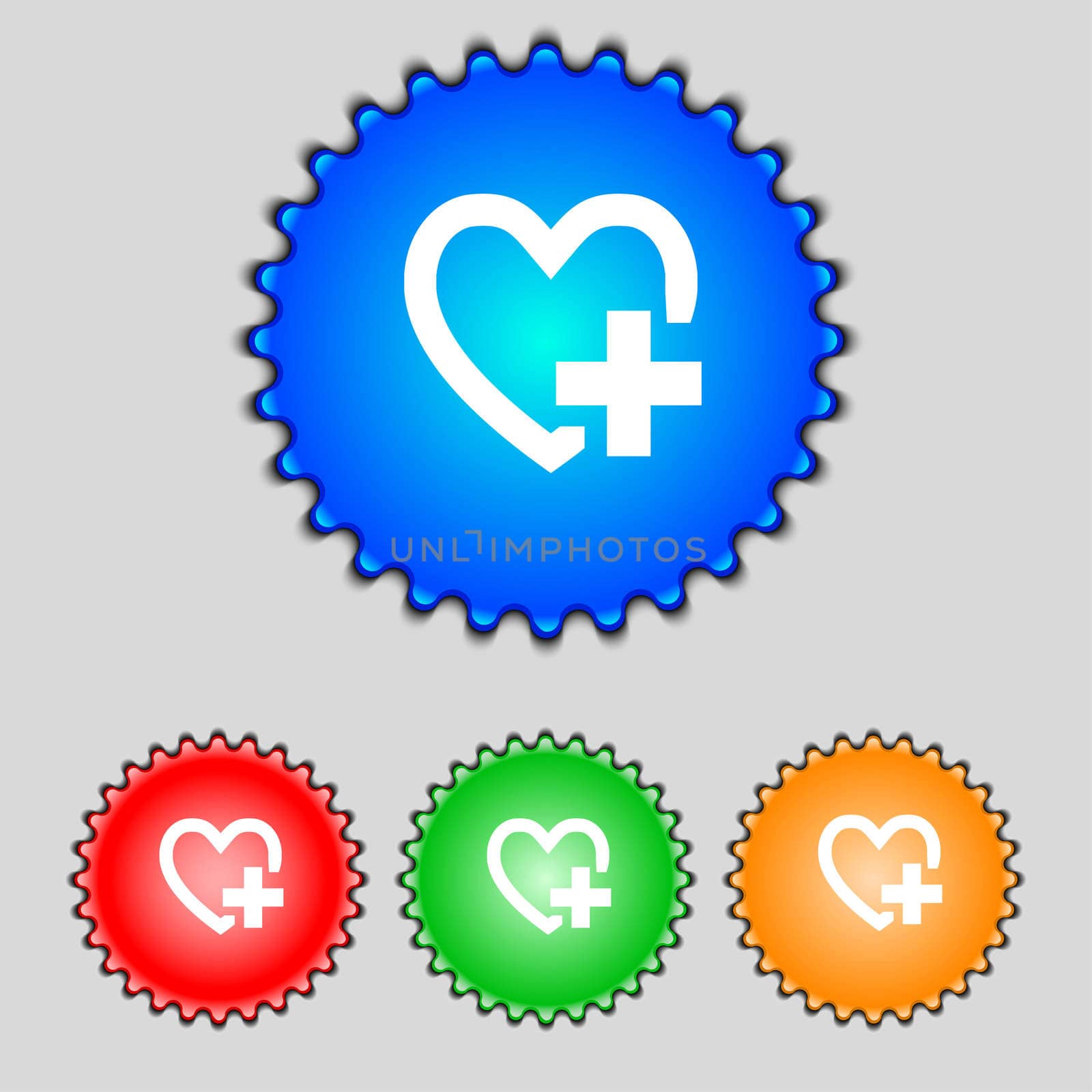 Medical heart sign icon. Cross symbol. Set colourful buttons.  by serhii_lohvyniuk