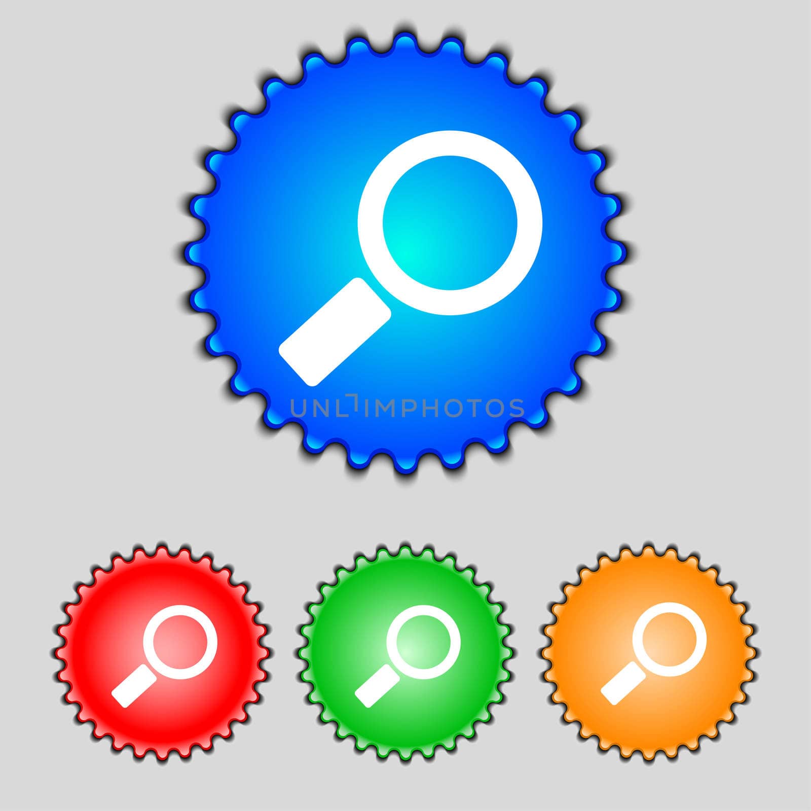 Magnifier glass sign icon. Zoom tool button. Navigation search symbol. Set colourful buttons illustration