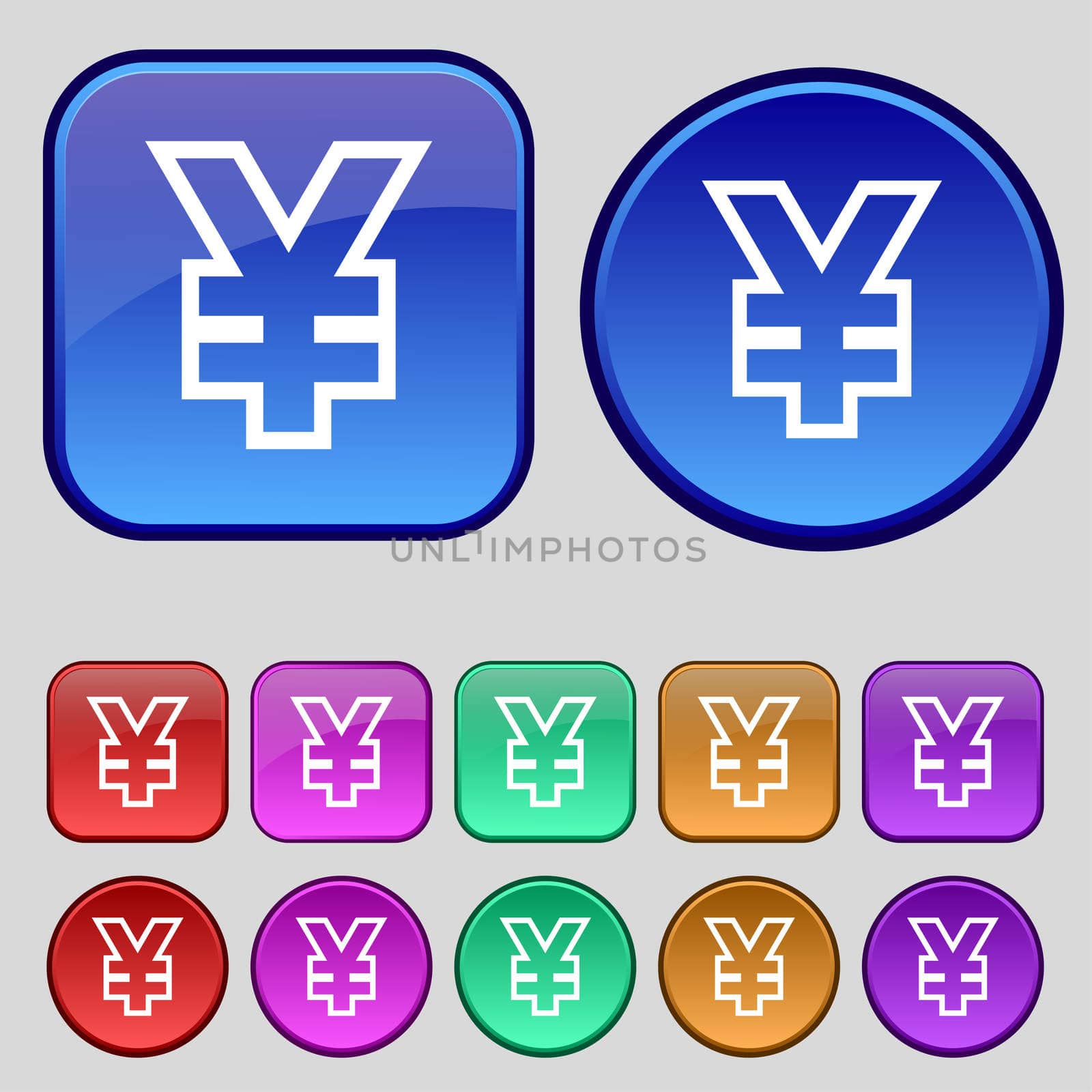 Yen JPY icon sign. A set of twelve vintage buttons for your design. illustration