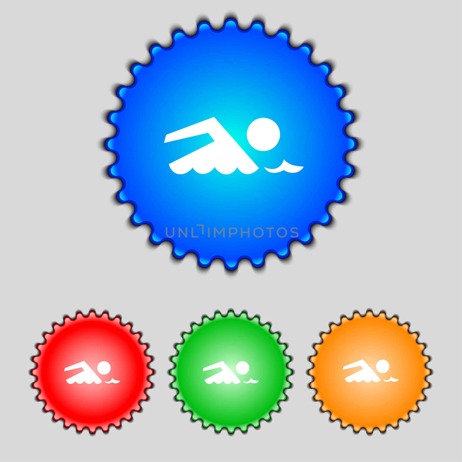 Swimming sign icon. Pool swim symbol. Sea wave. Set colourful buttons  by serhii_lohvyniuk