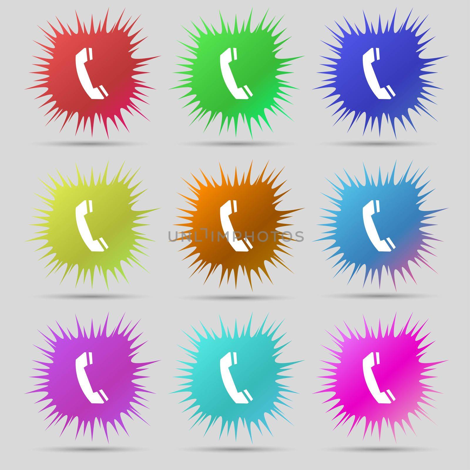 Phone sign icon. Support symbol. Call center. Nine original needle buttons. illustration. Raster version
