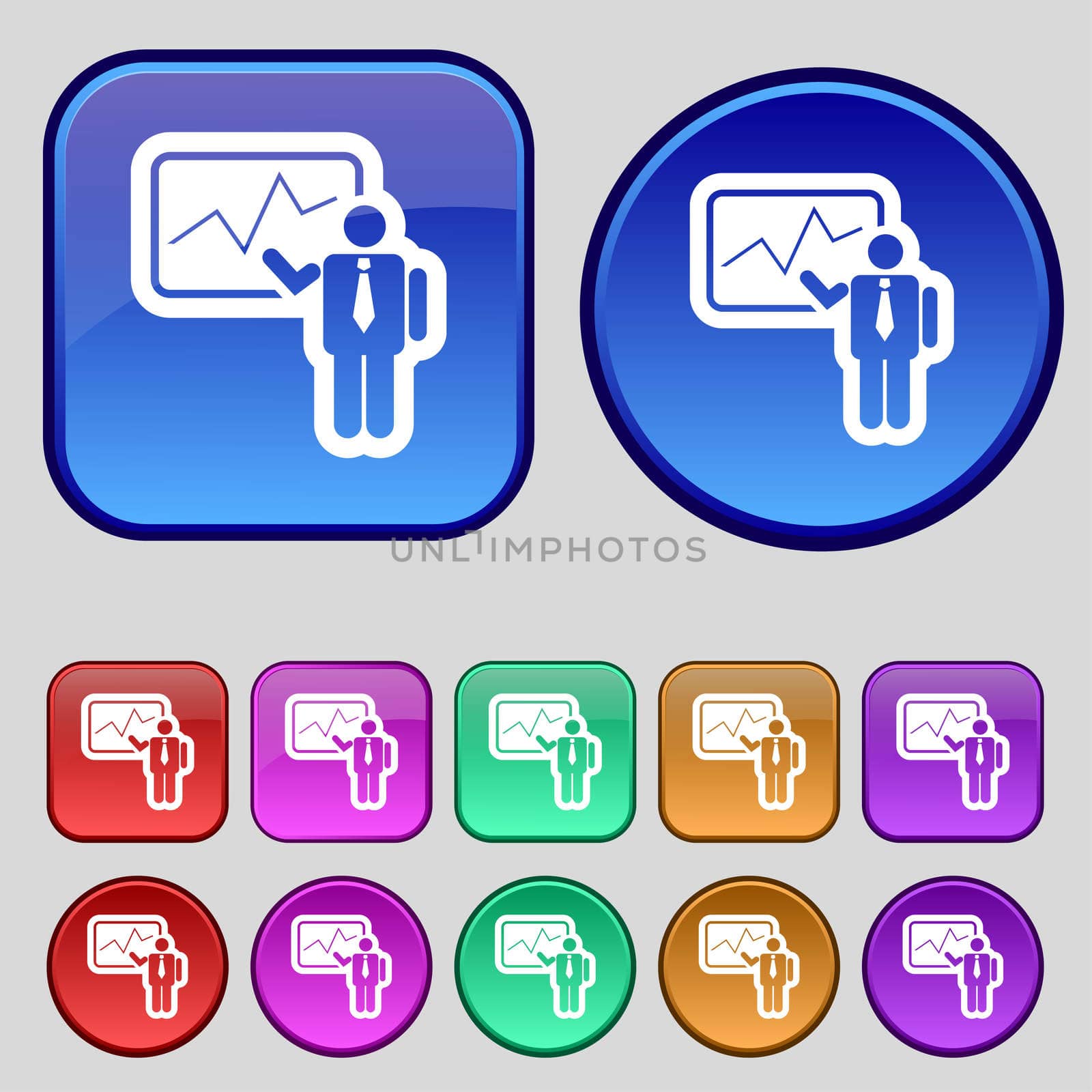 businessman making report icon sign. A set of twelve vintage buttons for your design. illustration