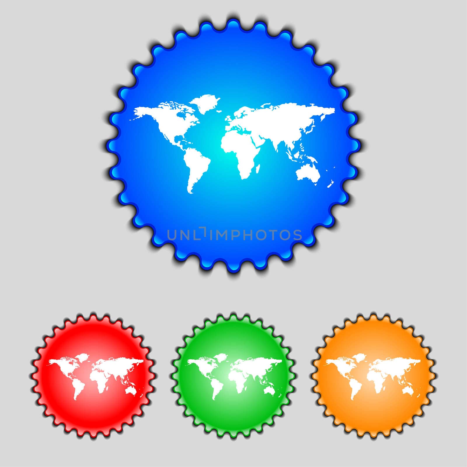 Globe sign icon. World map geography symbol. Set colourful buttons.  by serhii_lohvyniuk