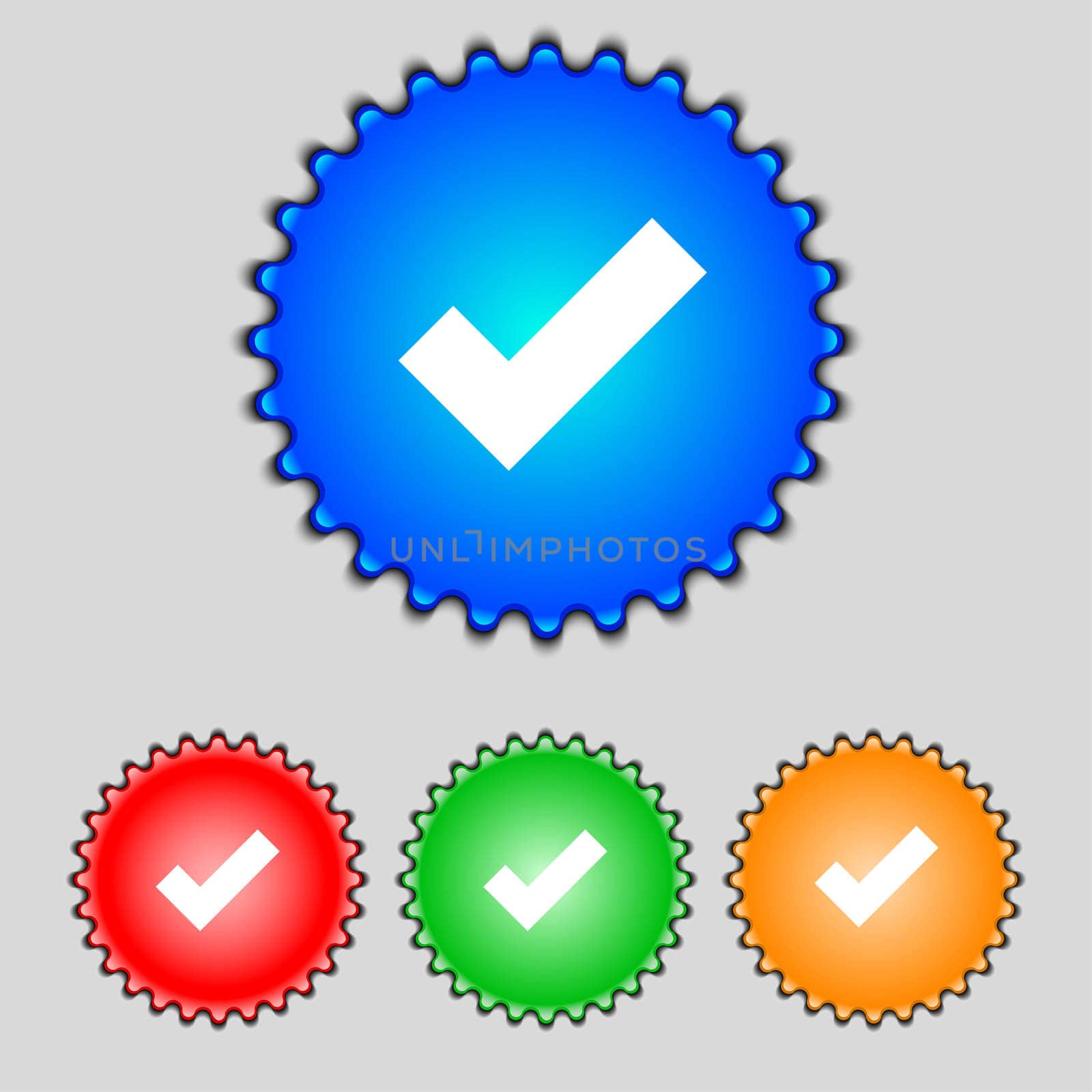 Check mark sign icon . Confirm approved symbol. Set colourful buttons.  by serhii_lohvyniuk