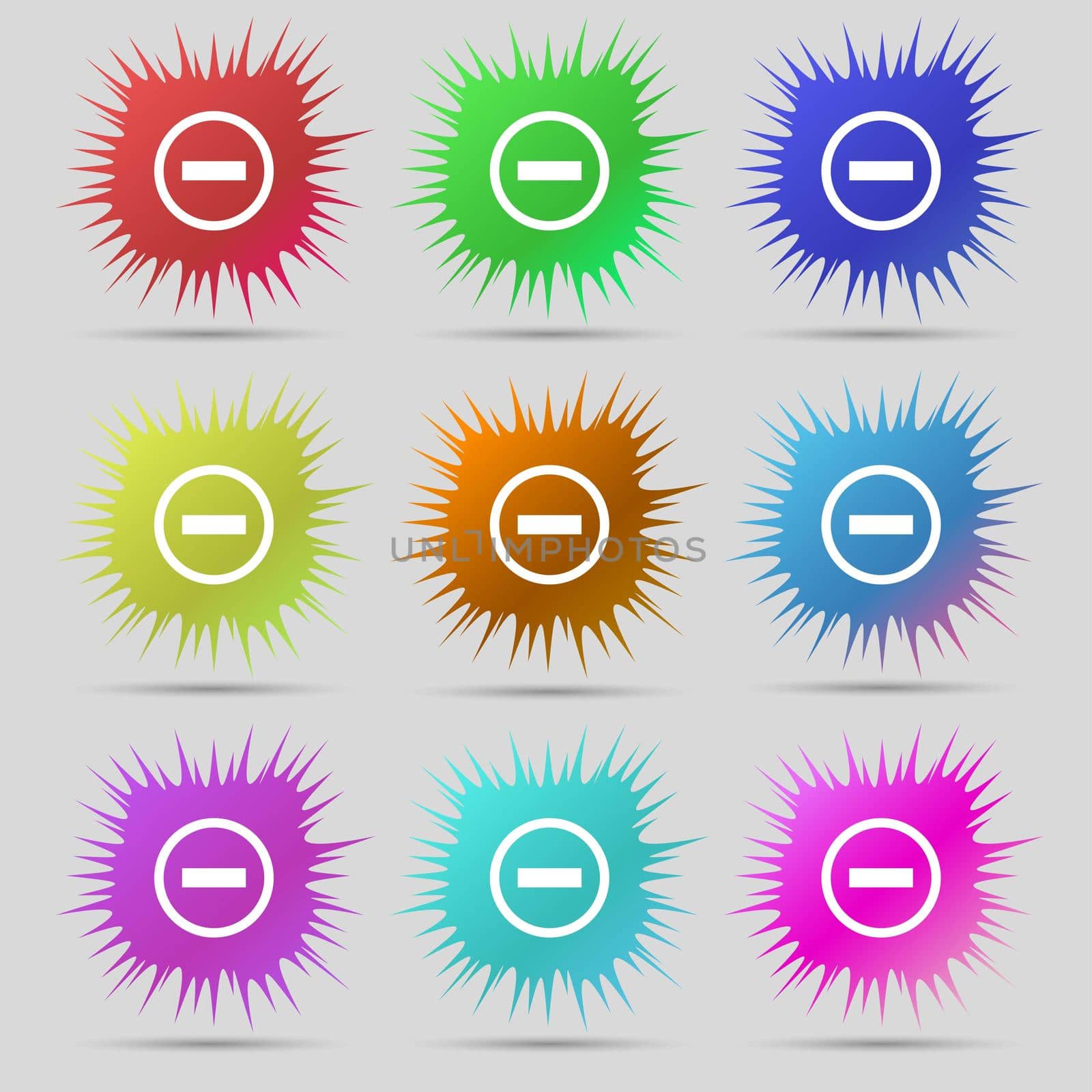 Minus sign icon. Negative symbol. Zoom out. Nine original needle buttons. . Raster by serhii_lohvyniuk