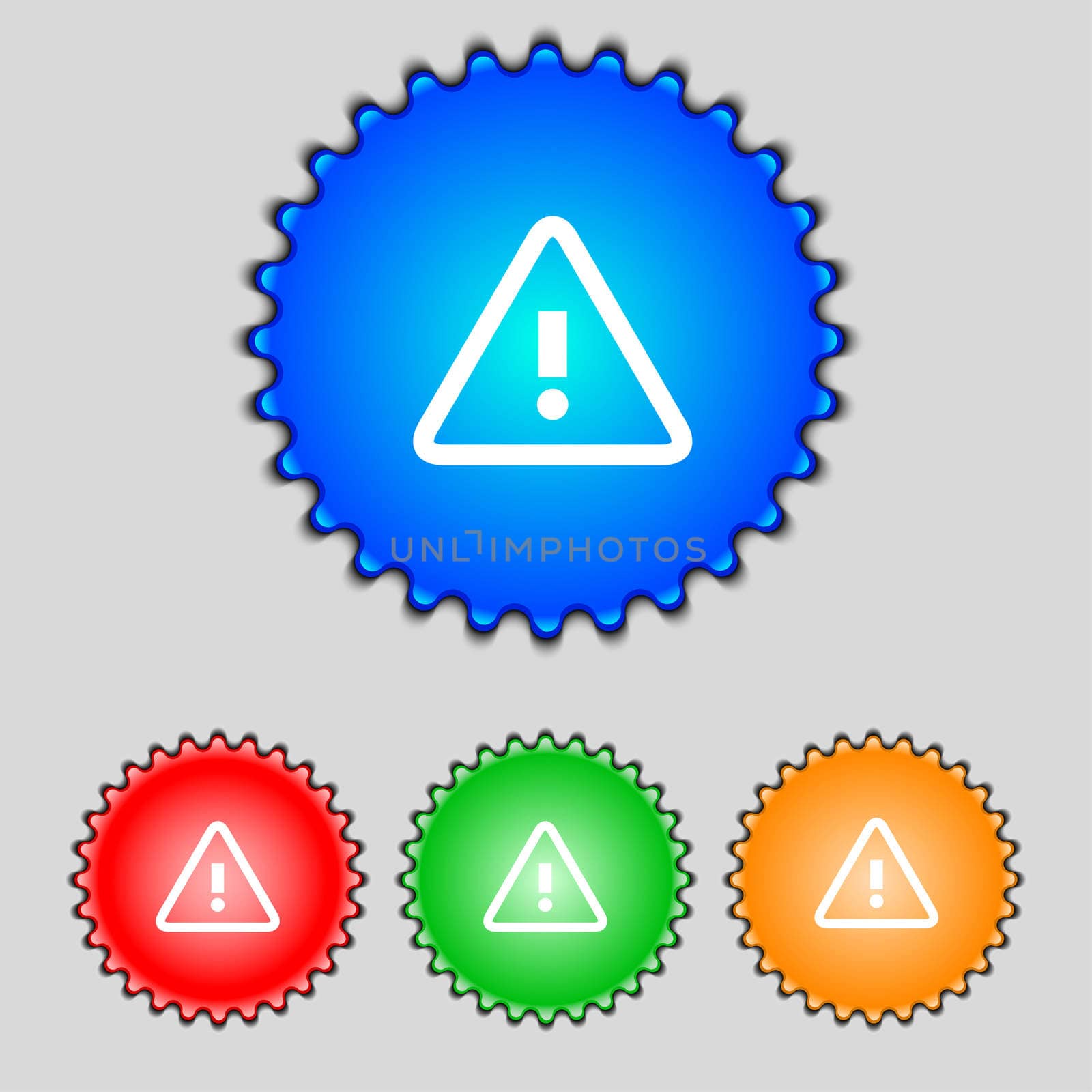 Attention caution sign icon. Exclamation mark. Hazard warning symbol. Set colour buttons illustration