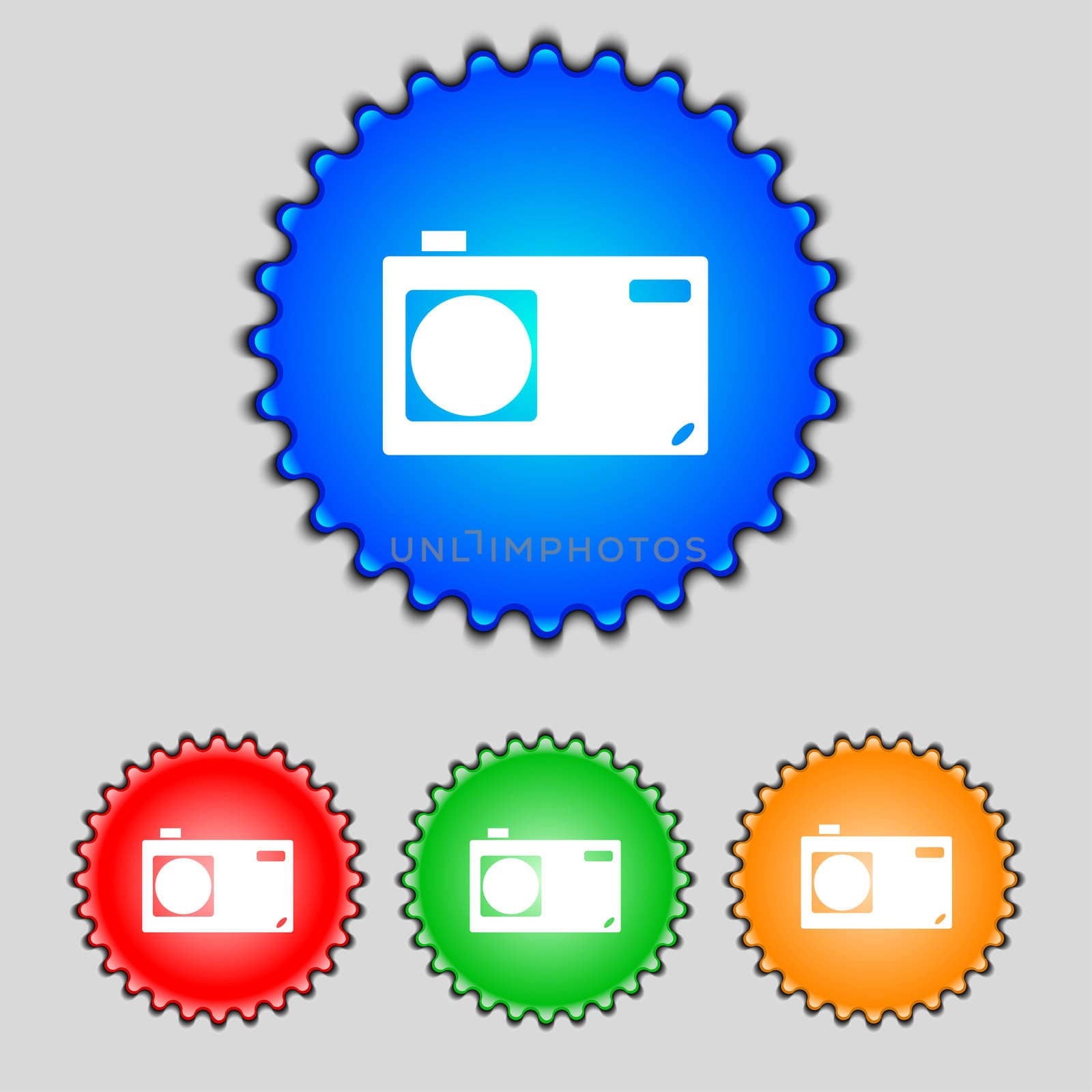 Photo camera sign icon. Digital symbol. Set colourful buttons. illustration