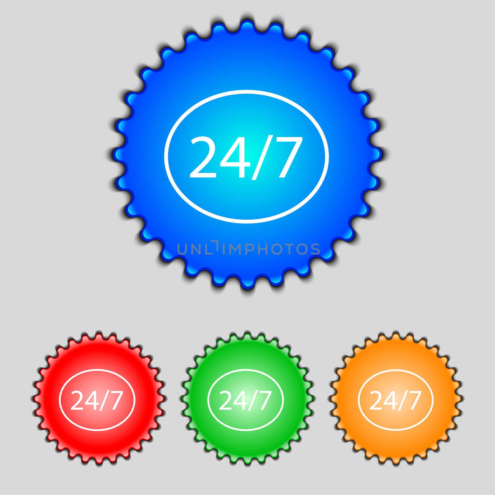 Service and support for customers. 24 hours a day and 7 days a week icon. Set of colored buttons.  by serhii_lohvyniuk