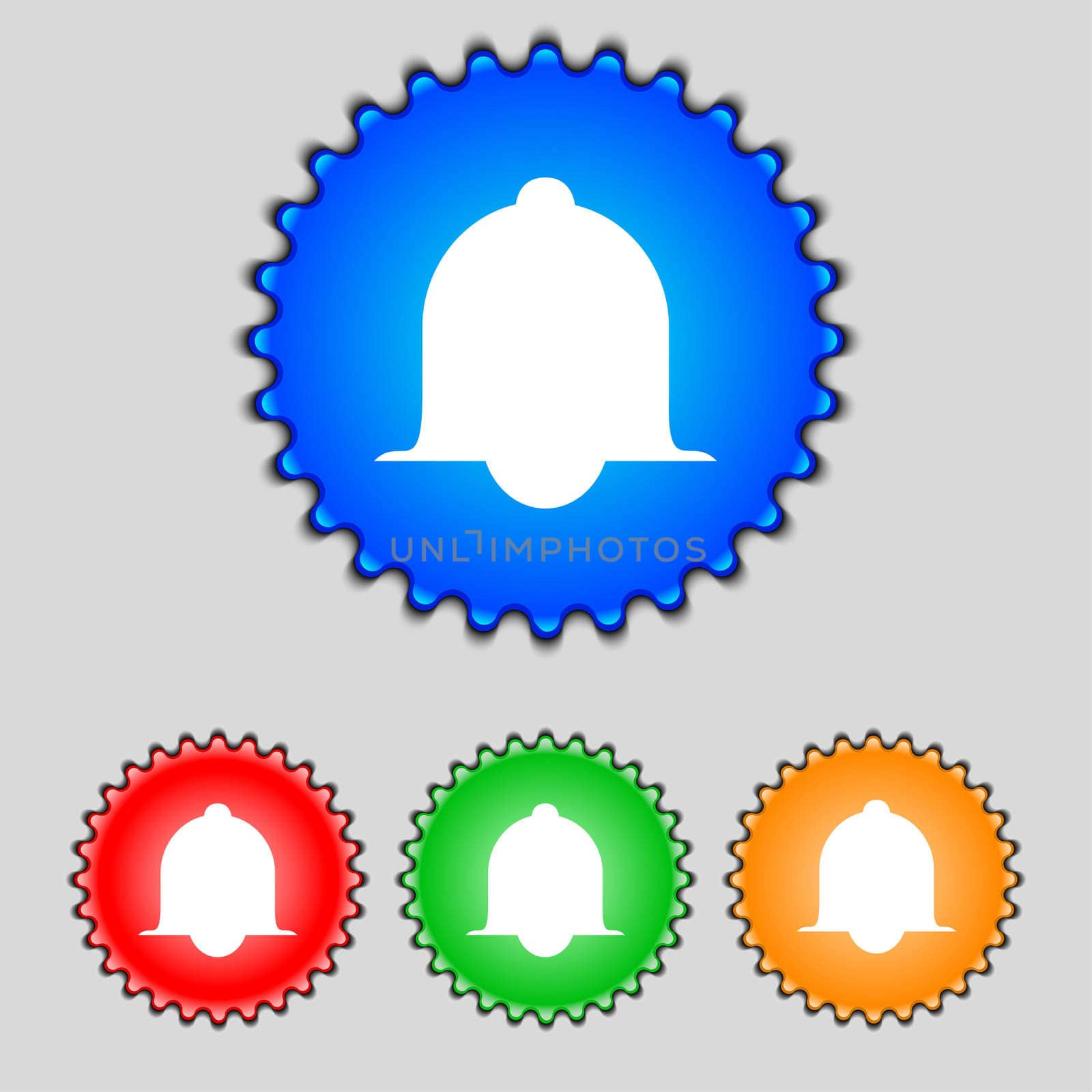Alarm bell sign icon. Wake up alarm symbol. Speech bubbles information icons. Set of colourful buttons illustration