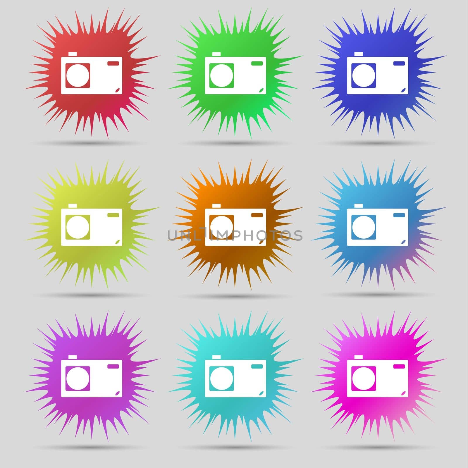 Photo camera sign icon. Digital symbol. Nine original needle buttons. . Raster by serhii_lohvyniuk