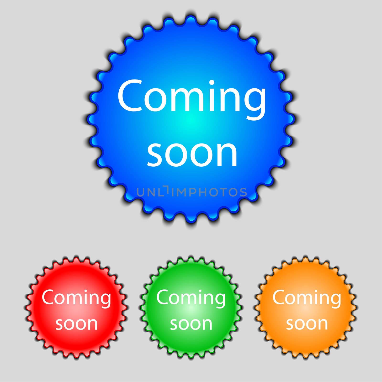 Coming soon sign icon. Promotion announcement symbol. Set of colored buttons.  by serhii_lohvyniuk