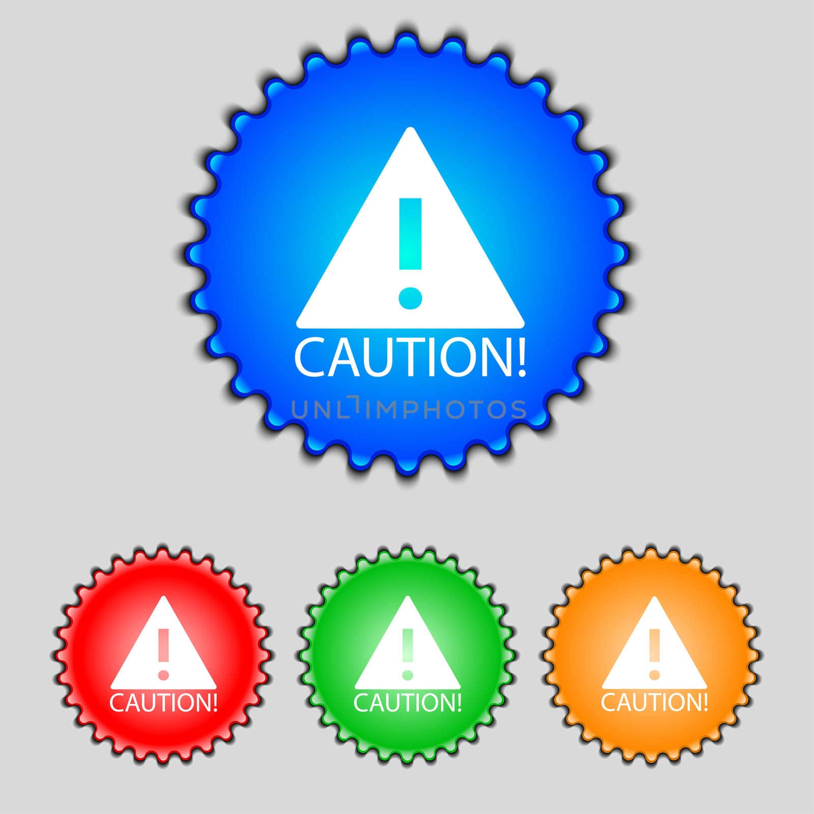 Attention caution sign icon. Exclamation mark. Hazard warning symbol. Set of colored buttons illustration