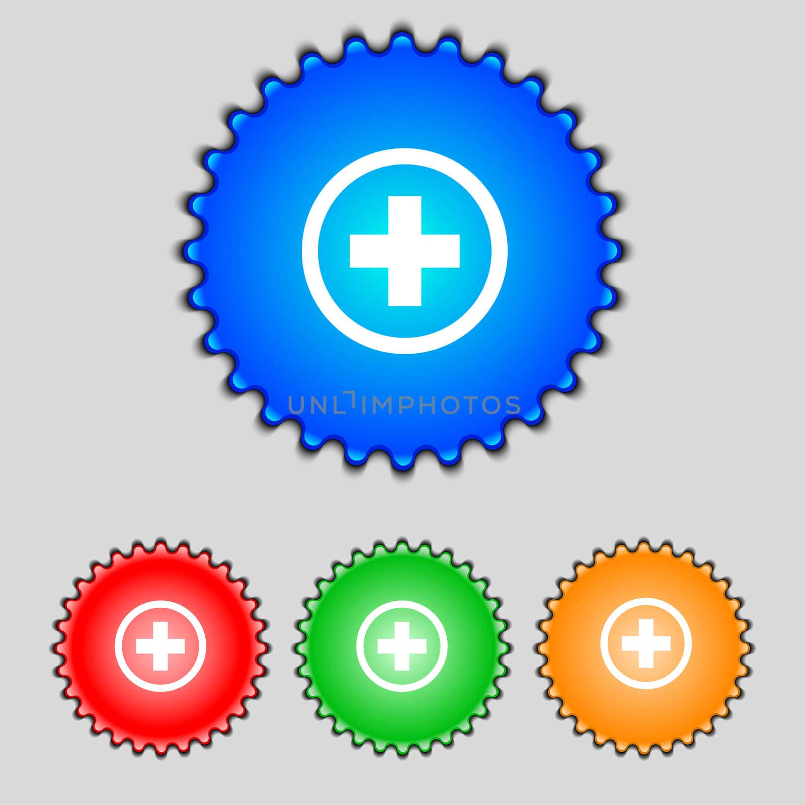 Plus sign icon. Positive symbol. Zoom in.Set colourful buttons.  by serhii_lohvyniuk