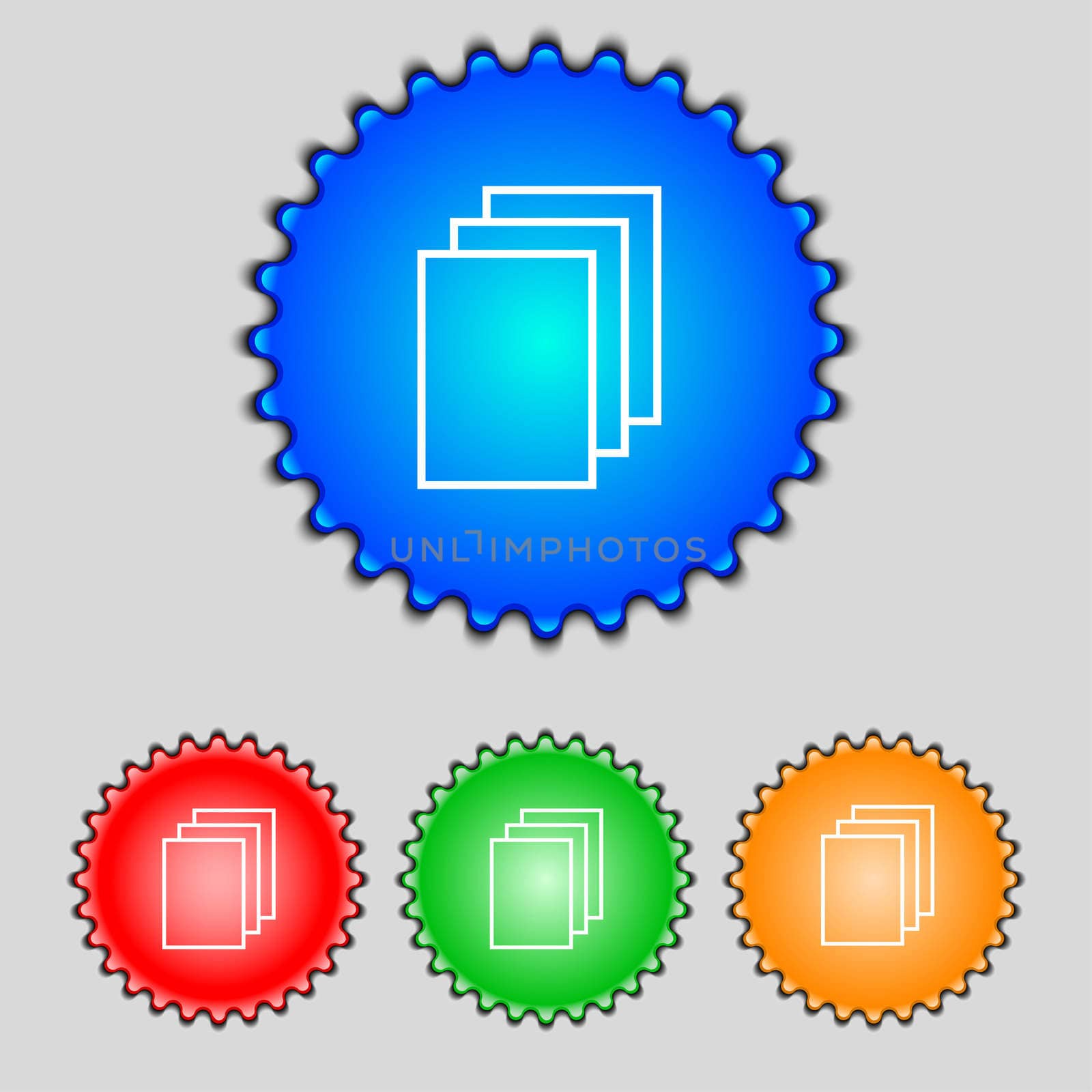 Copy file sign icon. Duplicate document symbol. Set of coloured buttons.  by serhii_lohvyniuk