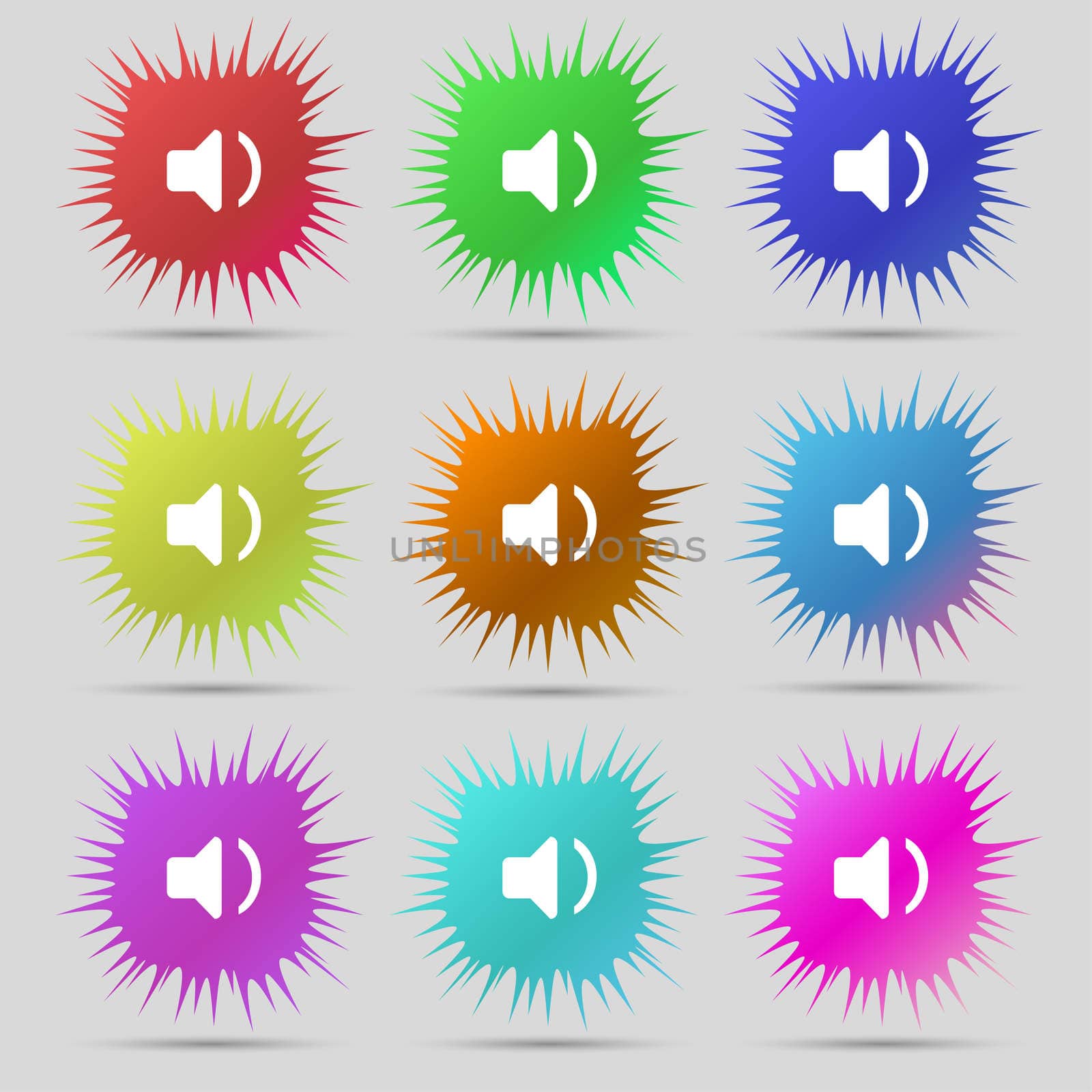 Speaker volume, Sound icon sign. A set of nine original needle buttons. illustration