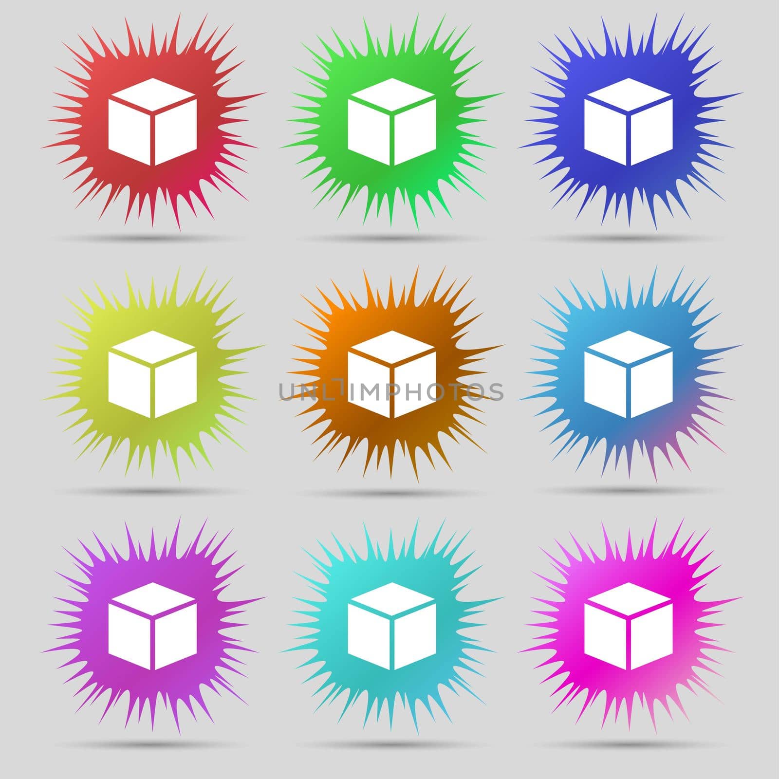 3d cube icon sign. Nine original needle buttons. illustration. Raster version