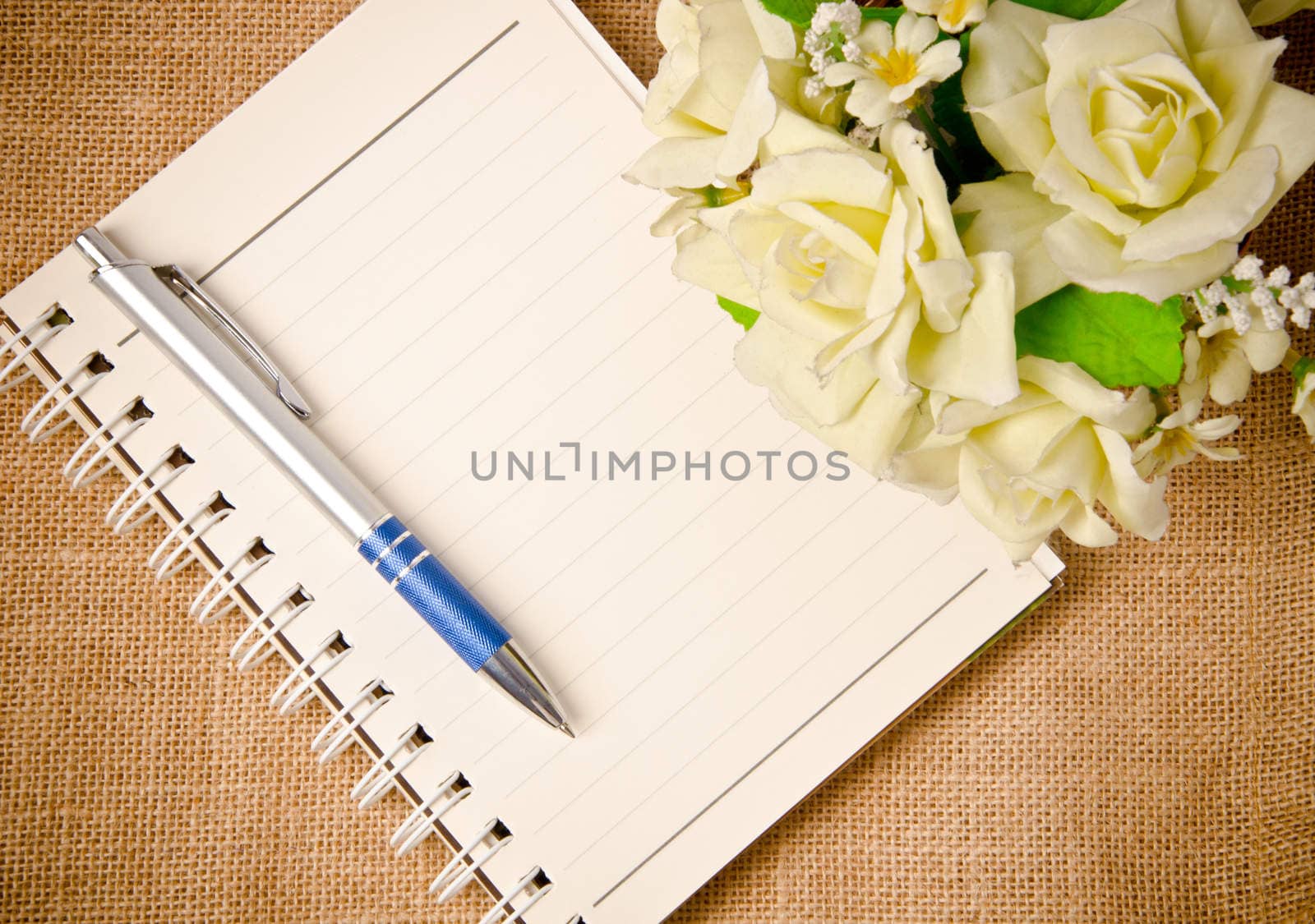 open diary ring binder on sack background.