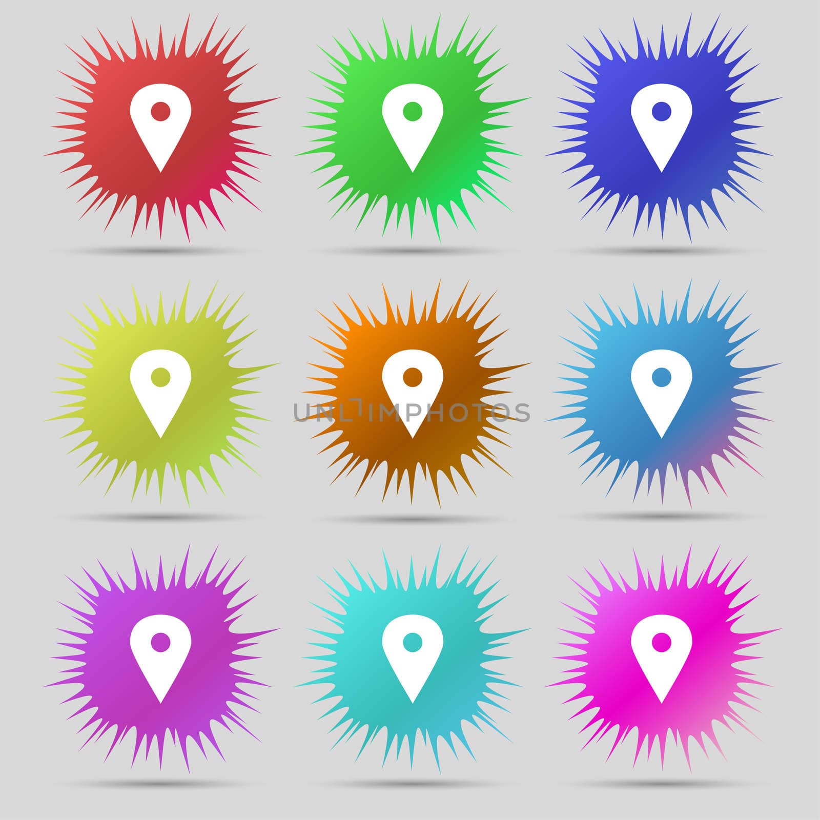 Map pointer, GPS location icon sign. A set of nine original needle buttons. illustration