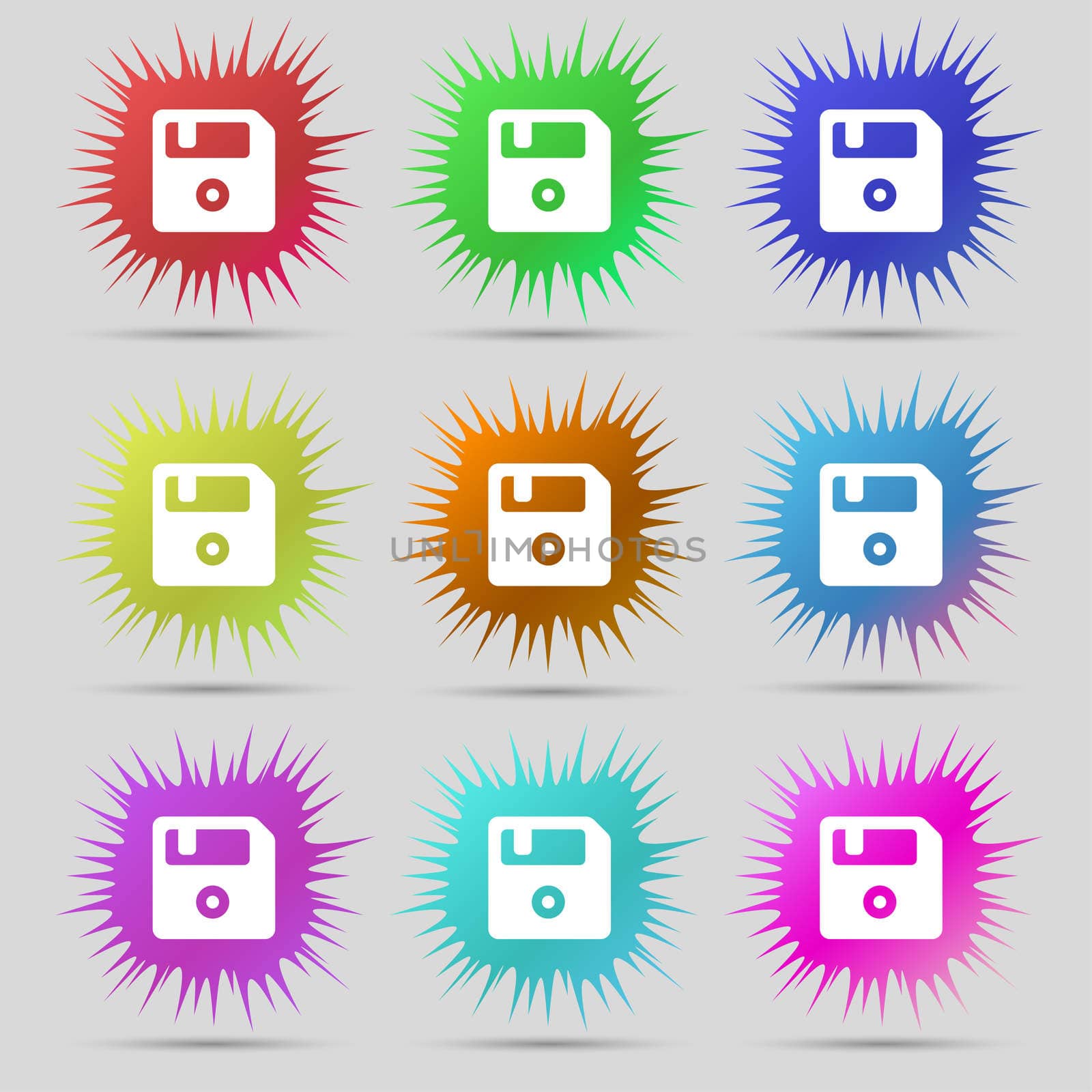 floppy icon sign. A set of nine original needle buttons. illustration