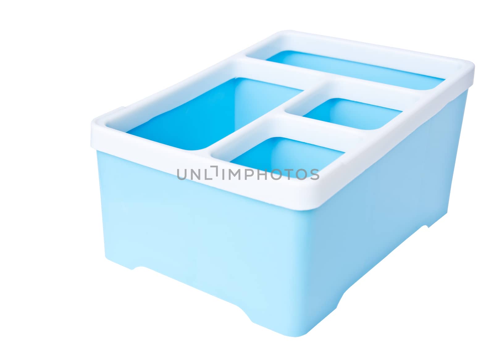 blue plastic storage box isolated on white background, clipping path (3D view)