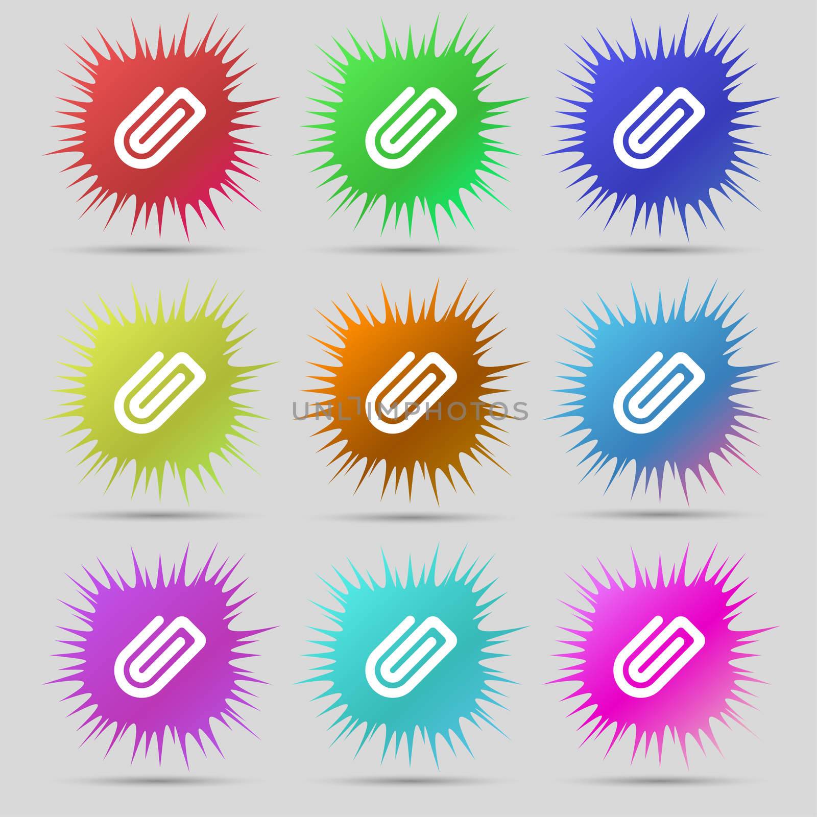 Paper Clip icon sign. A set of nine original needle buttons. illustration
