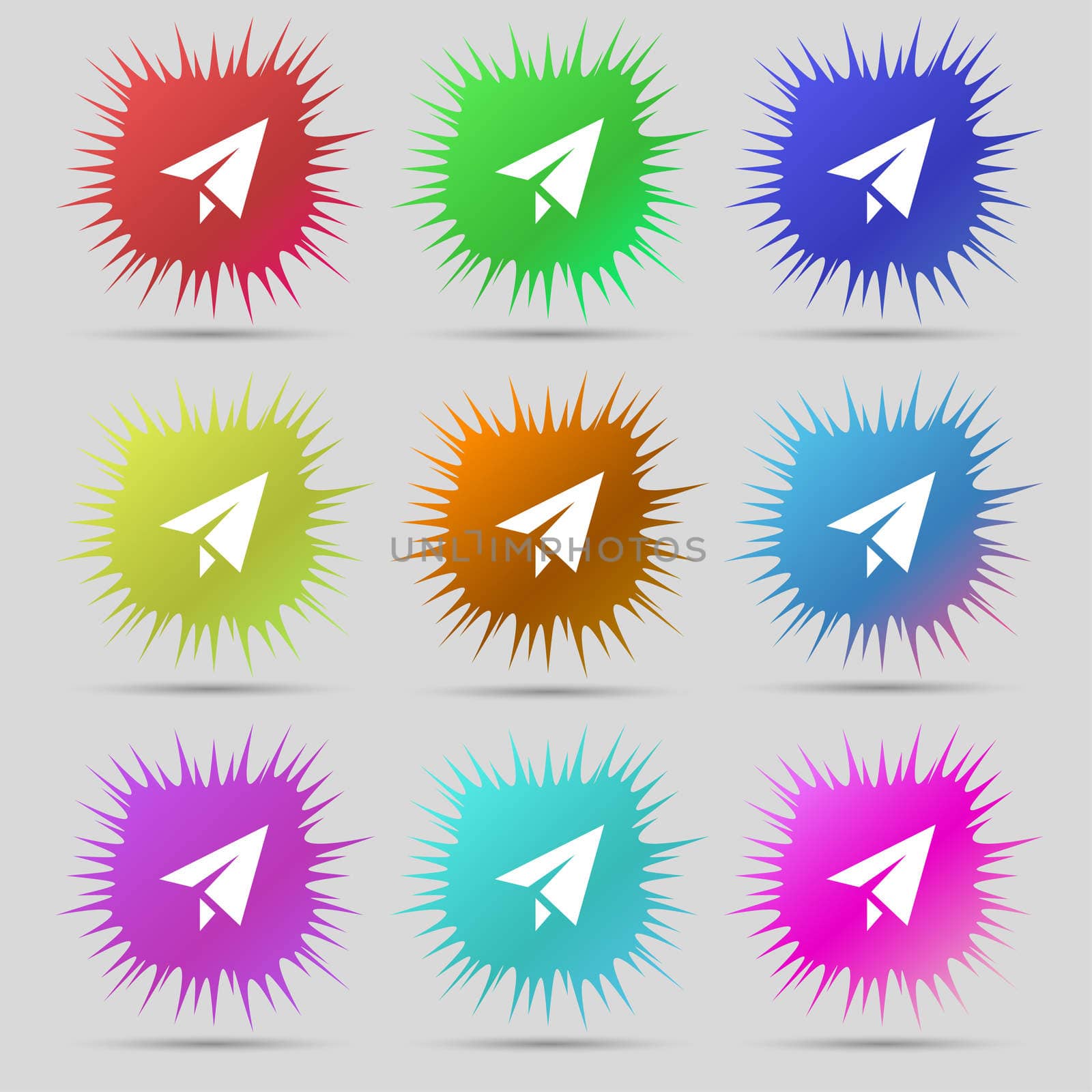 Paper airplane icon sign. A set of nine original needle buttons. illustration