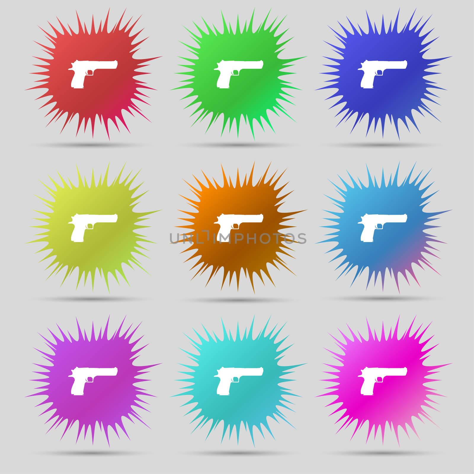 gun icon sign. A set of nine original needle buttons. illustration