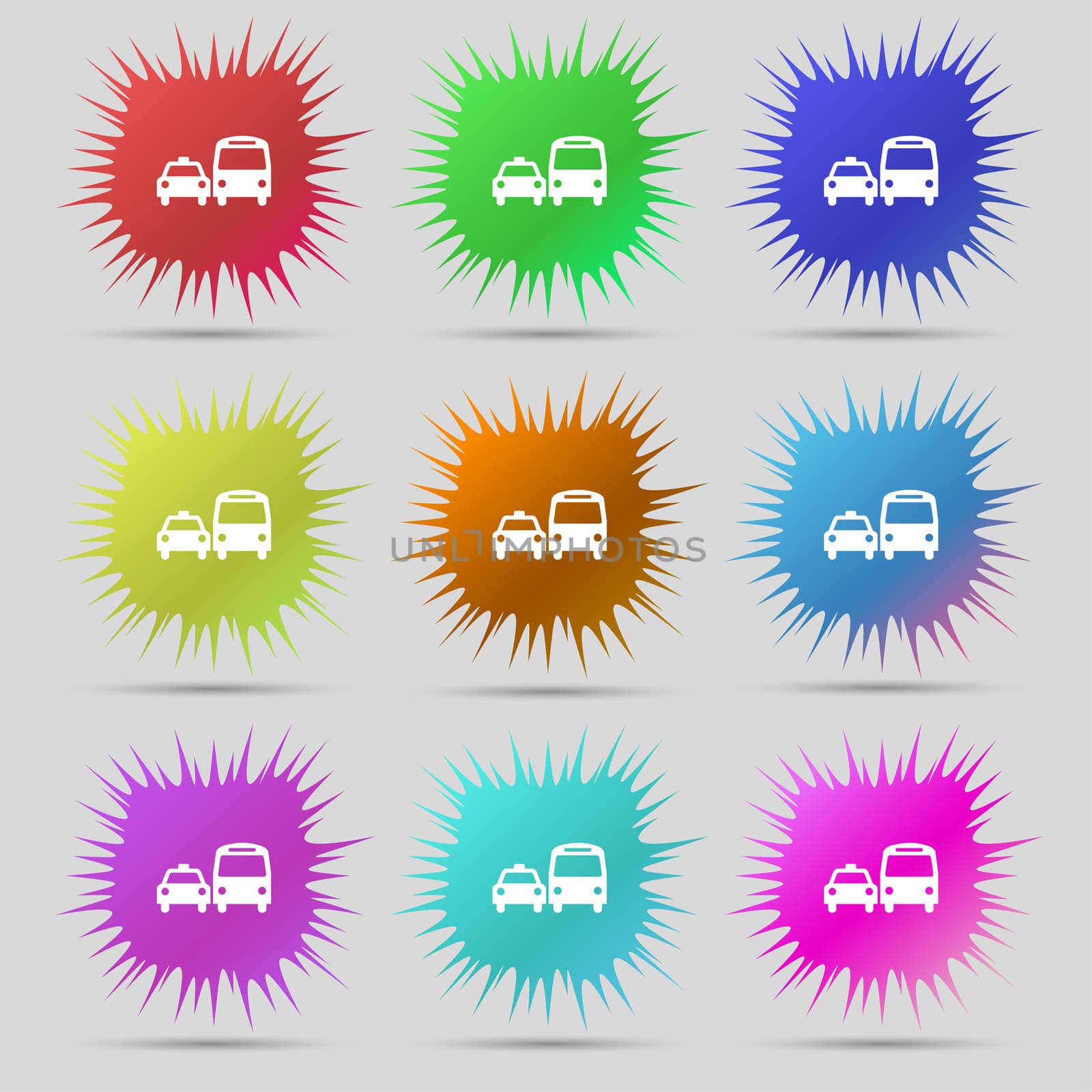 taxi icon sign. A set of nine original needle buttons. illustration