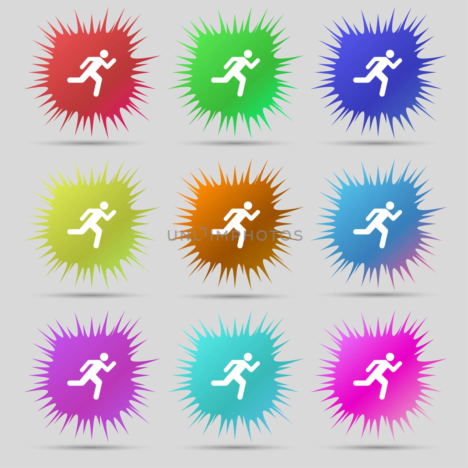 running man icon sign. A set of nine original needle buttons. illustration