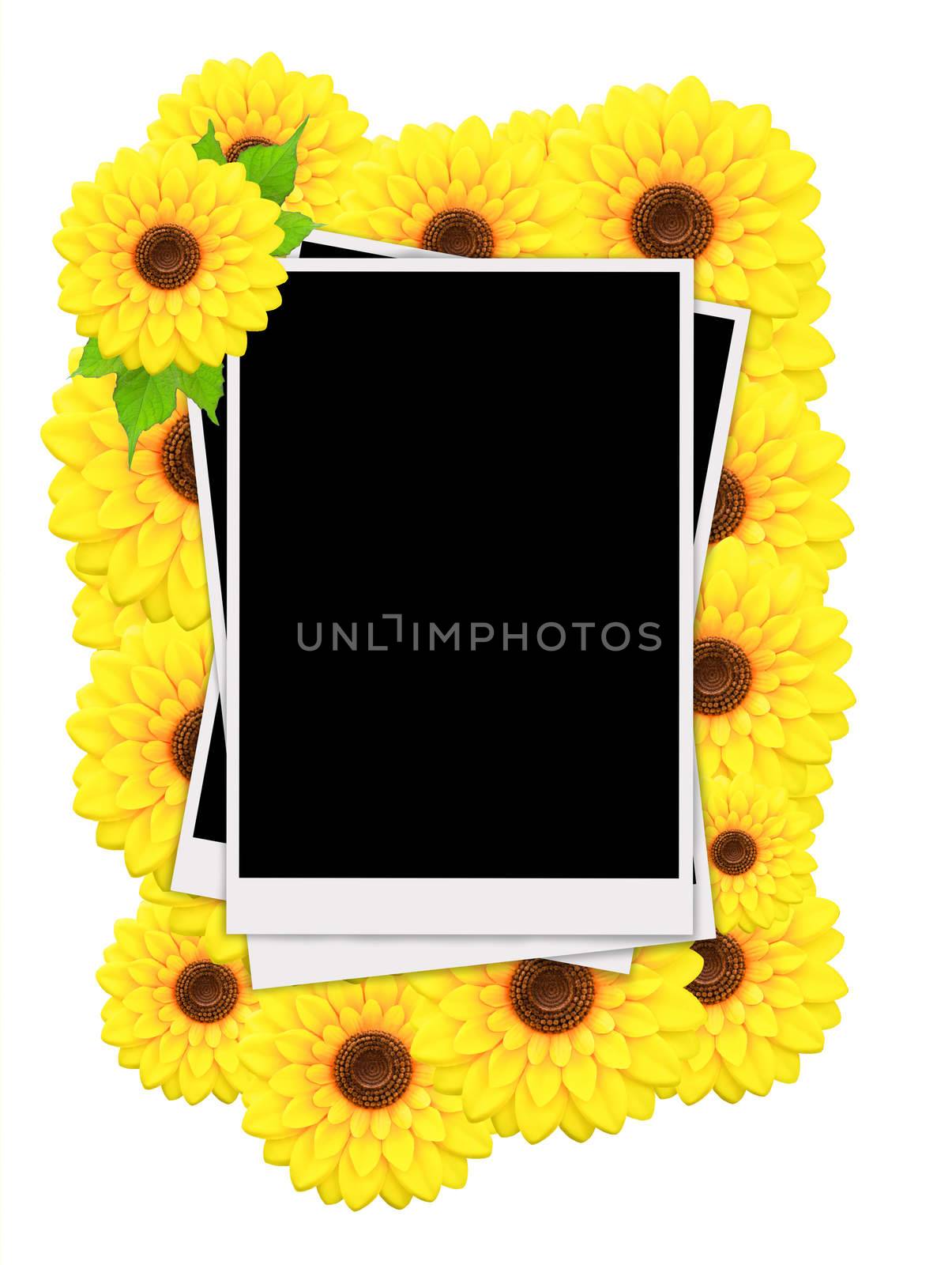 Empty instant photos and sunflowers on white background