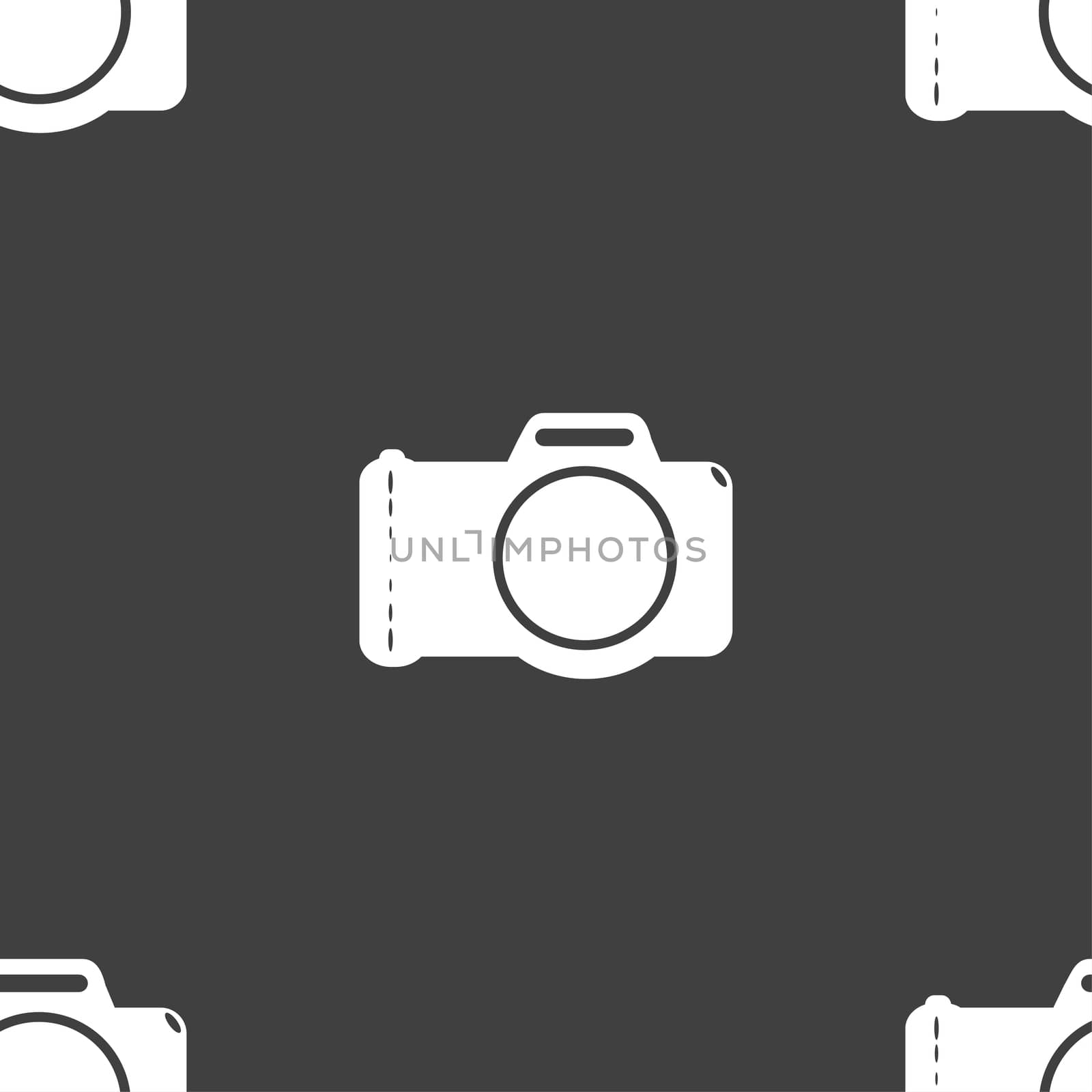 Photo camera sign icon. Digital photo camera symbol. Seamless pattern on a gray background. illustration