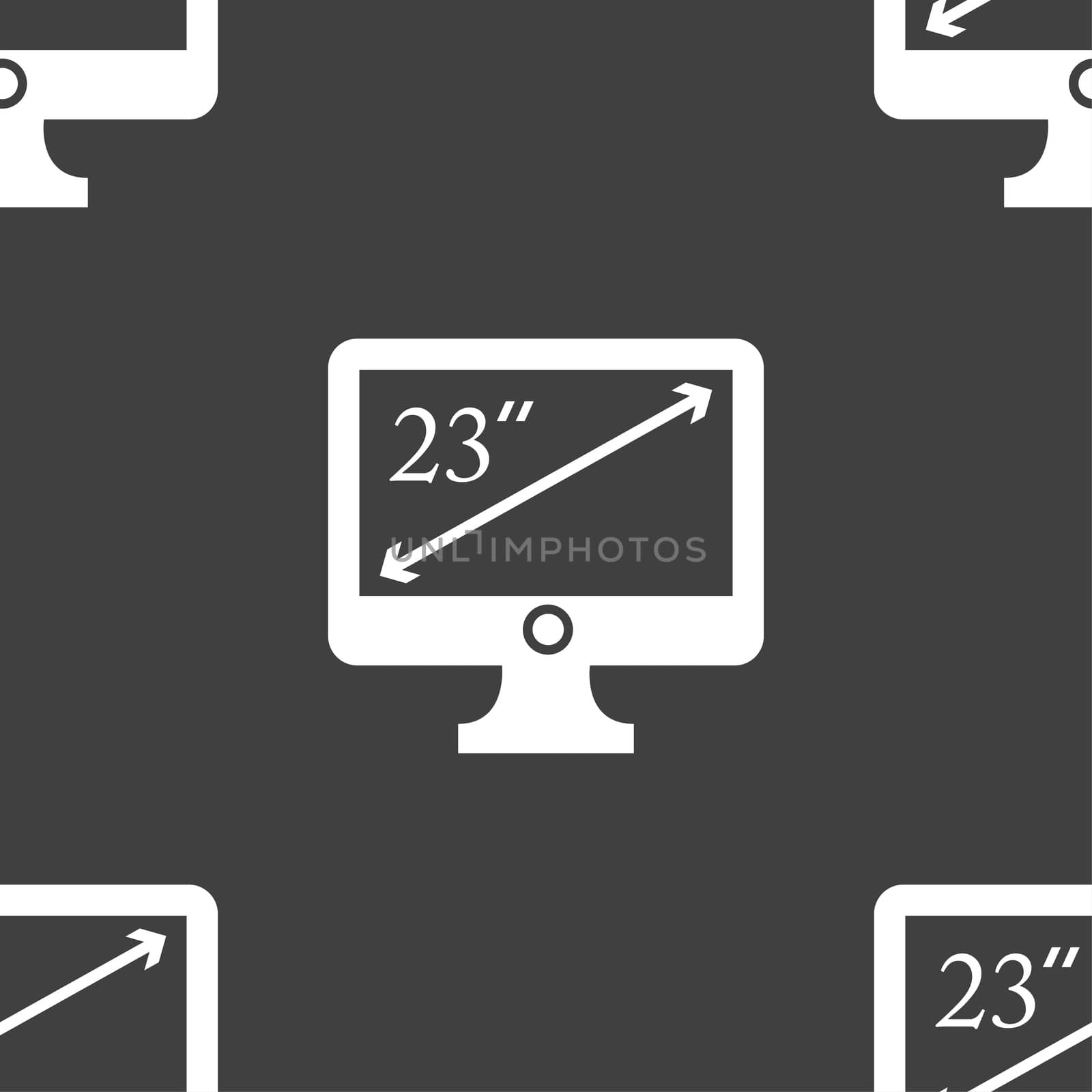 diagonal of the monitor 23 inches icon sign. Seamless pattern on a gray background. illustration