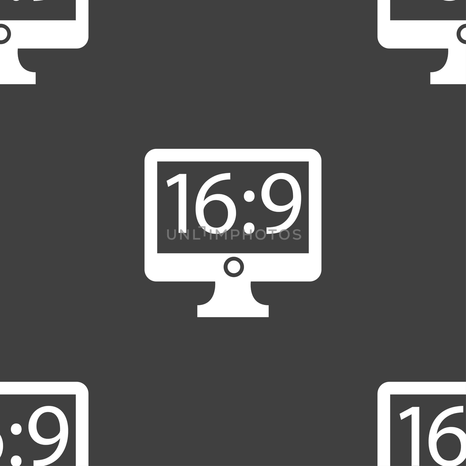 Aspect ratio 16 9 widescreen tv icon sign. Seamless pattern on a gray background.  by serhii_lohvyniuk