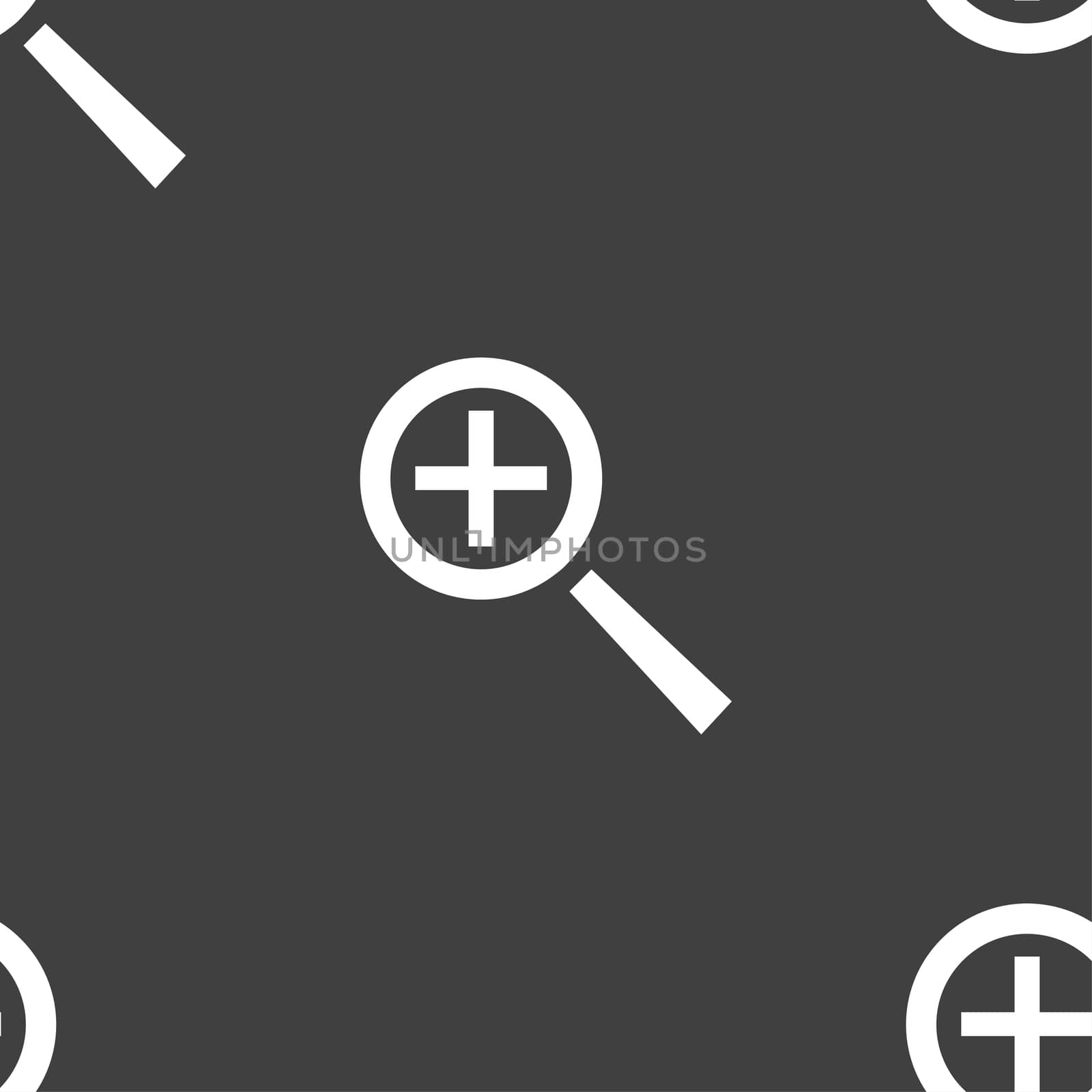 Magnifier glass, Zoom tool icon sign. Seamless pattern on a gray background.  by serhii_lohvyniuk
