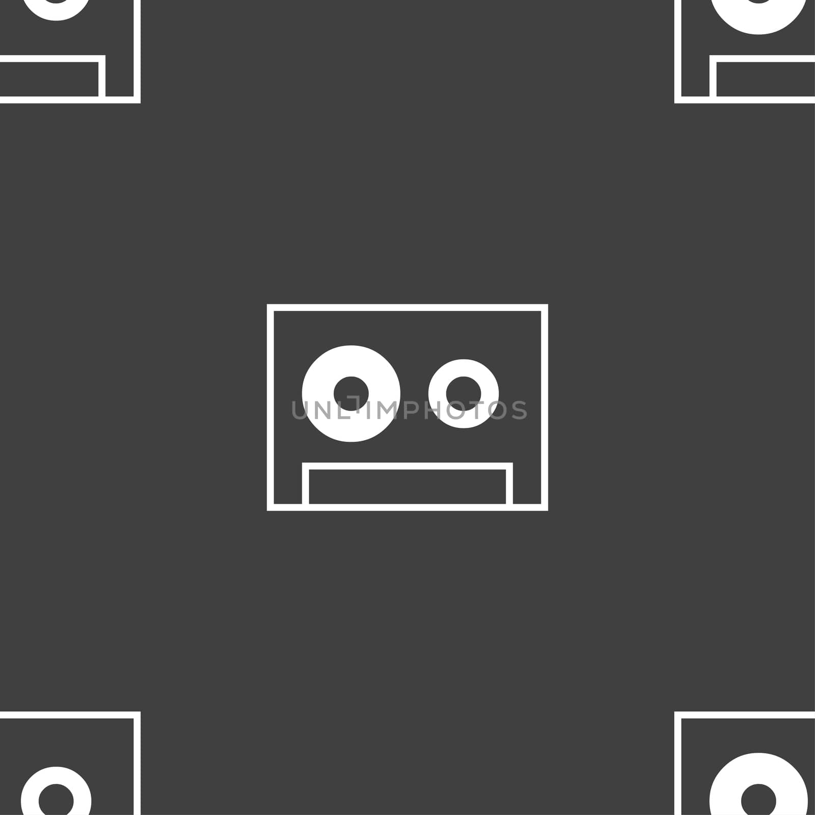 cassette sign icon. Audiocassette symbol. Seamless pattern on a gray background.  by serhii_lohvyniuk