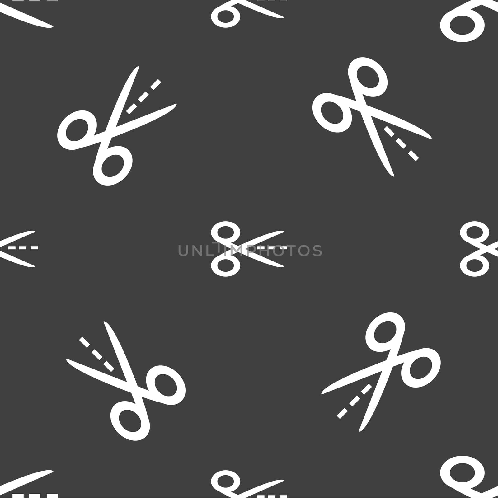 Scissors with cut dash dotted line sign icon. Tailor symbol. Seamless pattern on a gray background. illustration