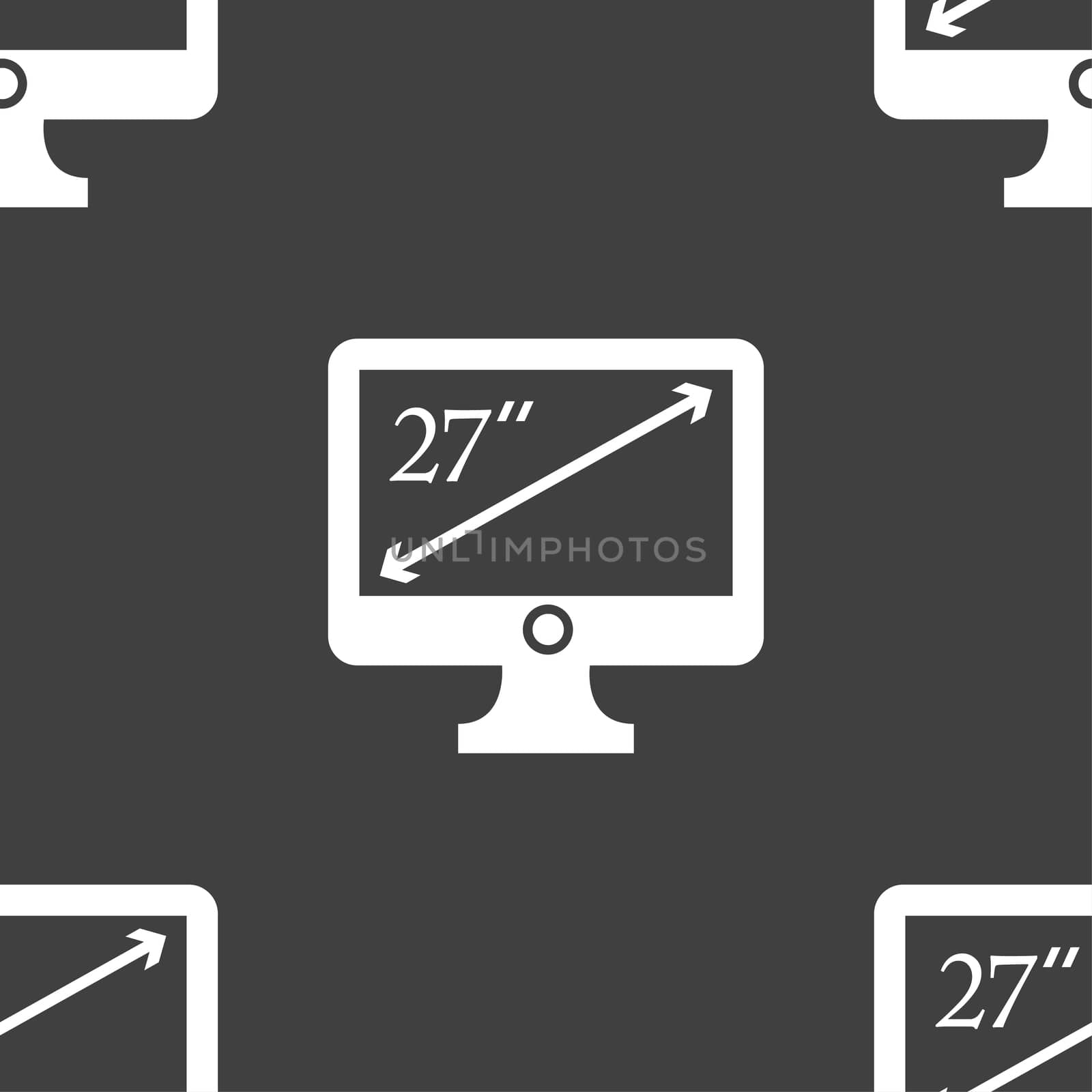 diagonal of the monitor 27 inches icon sign. Seamless pattern on a gray background. illustration