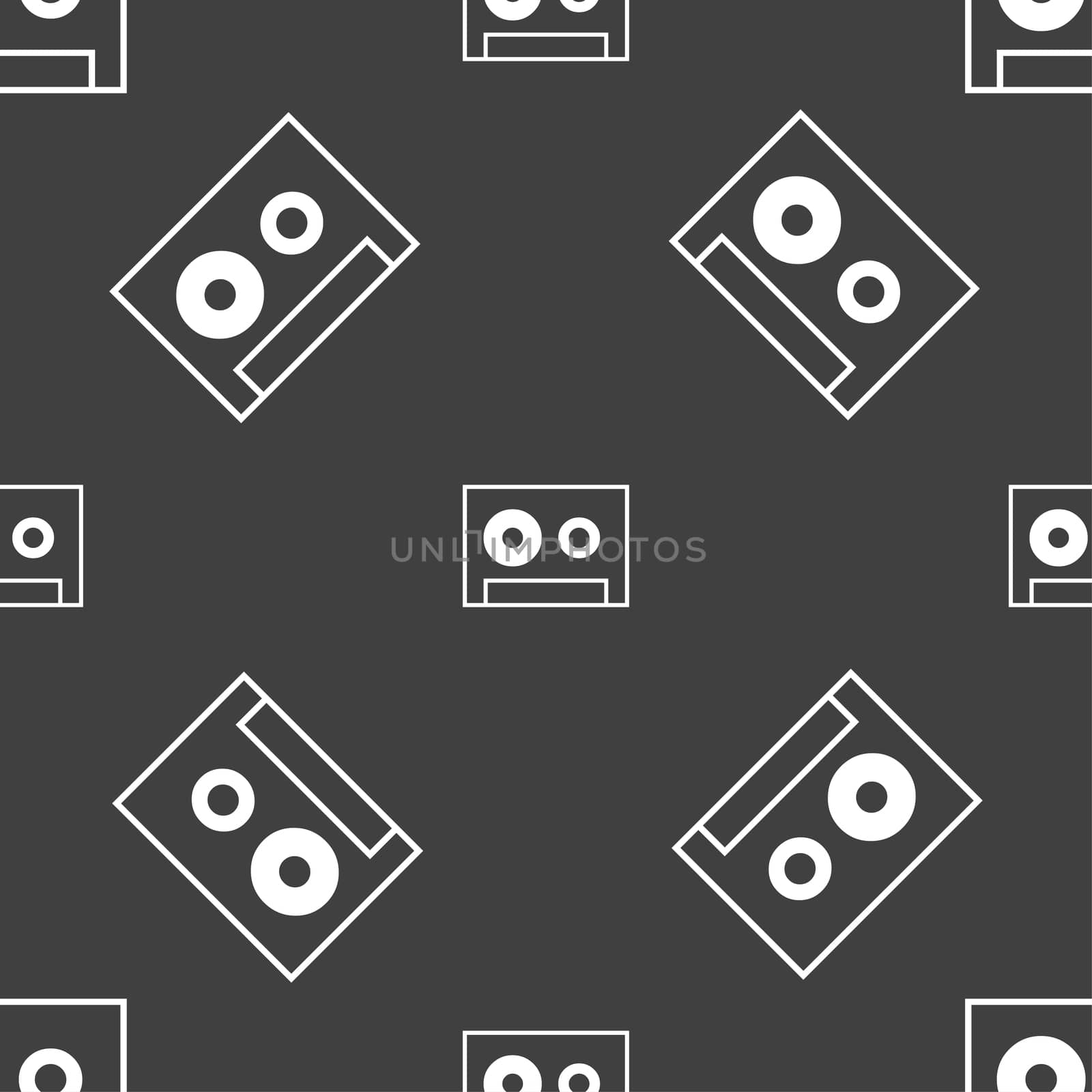 cassette sign icon. Audiocassette symbol. Seamless pattern on a gray background.  by serhii_lohvyniuk
