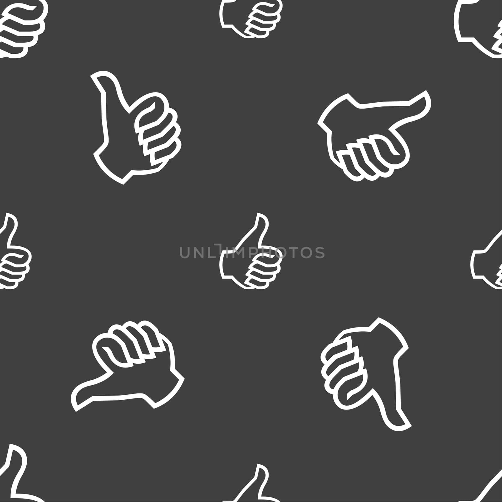 Like sign icon. Thumb up symbol. Hand finger-up. Seamless pattern on a gray background.  by serhii_lohvyniuk