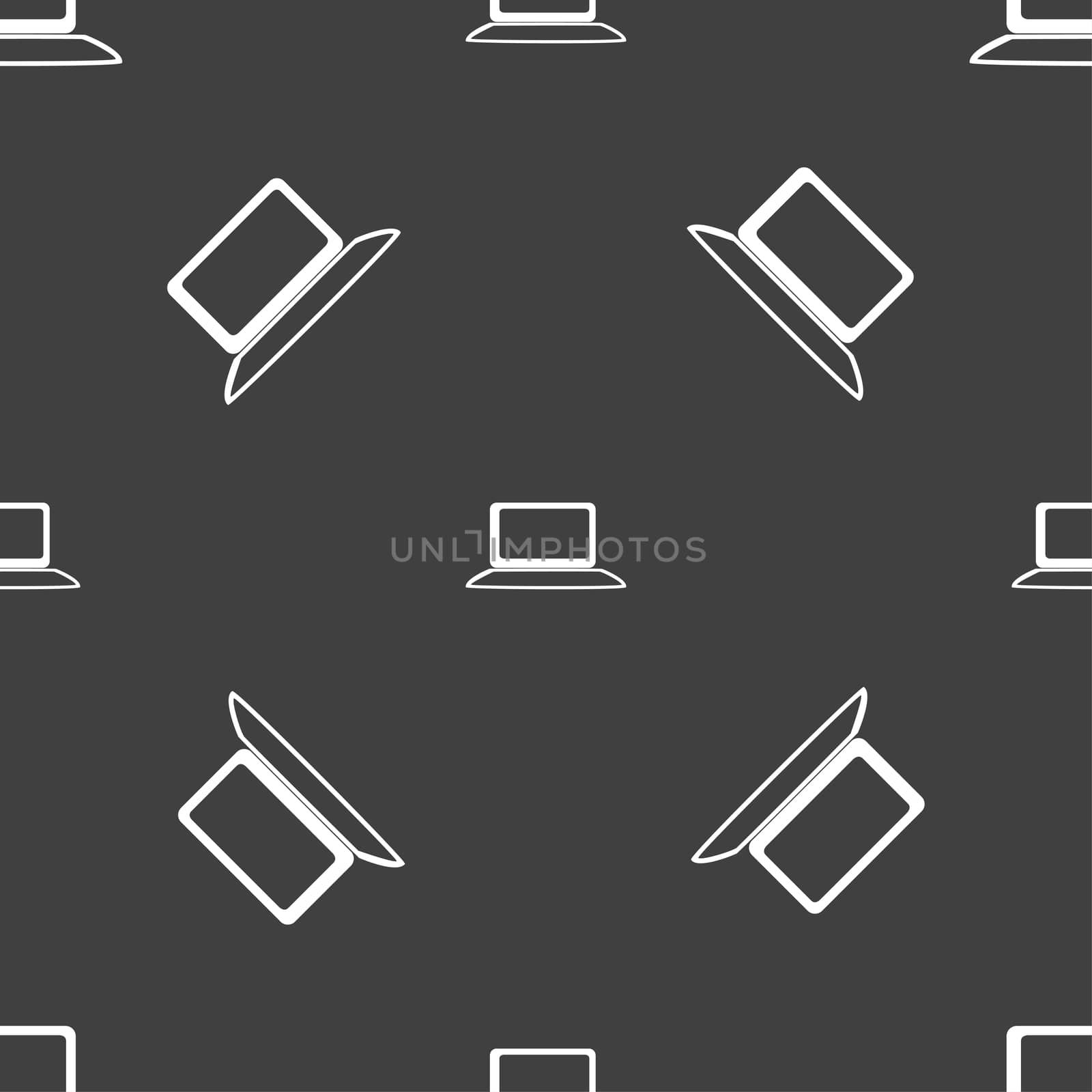 Laptop sign icon. Notebook pc with graph symbol. Monitoring. Seamless pattern on a gray background.  by serhii_lohvyniuk