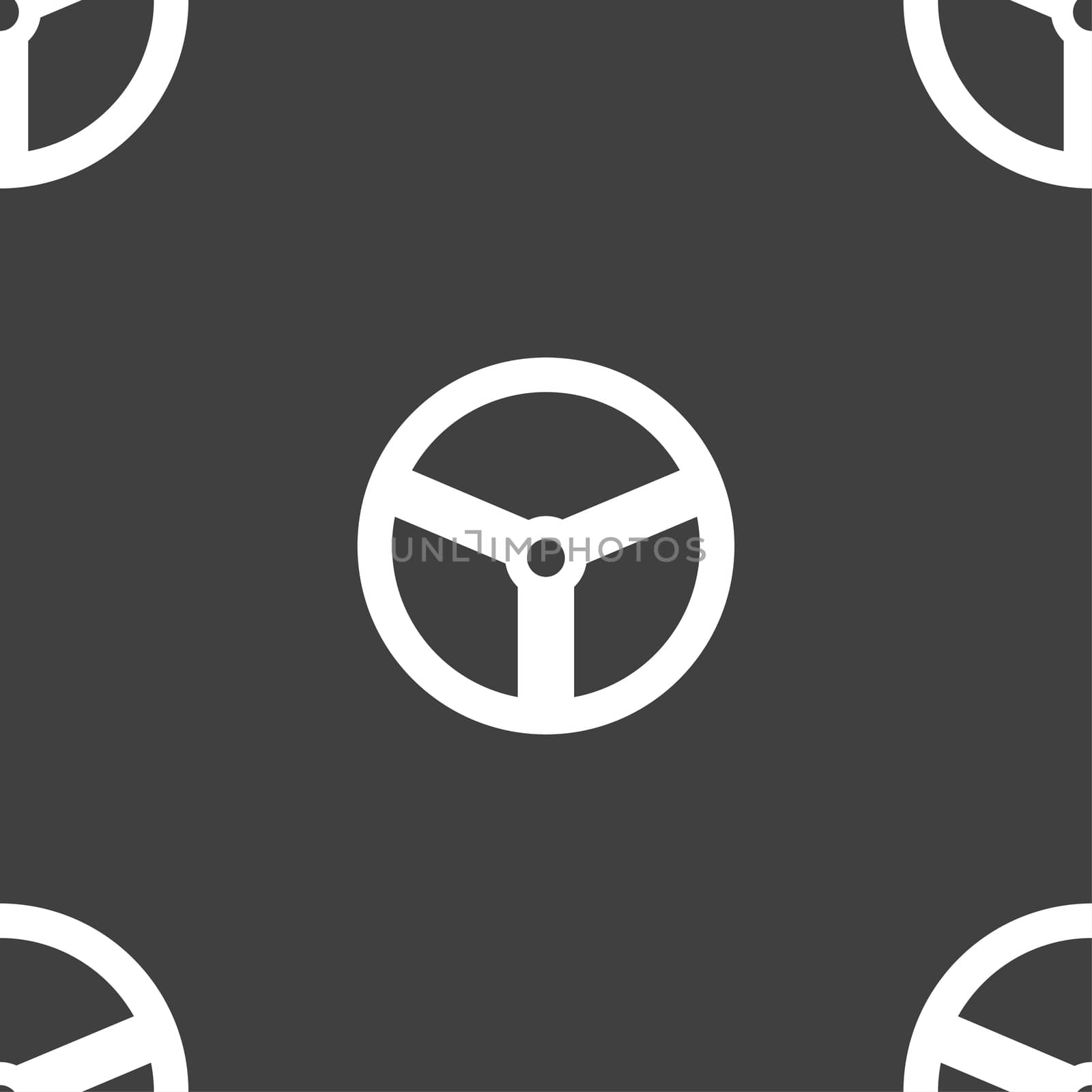 Steering wheel icon sign. Seamless pattern on a gray background.  by serhii_lohvyniuk