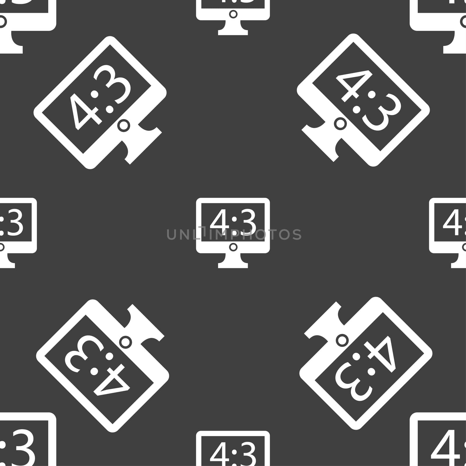 Aspect ratio 4 3 widescreen tv icon sign. Seamless pattern on a gray background. illustration