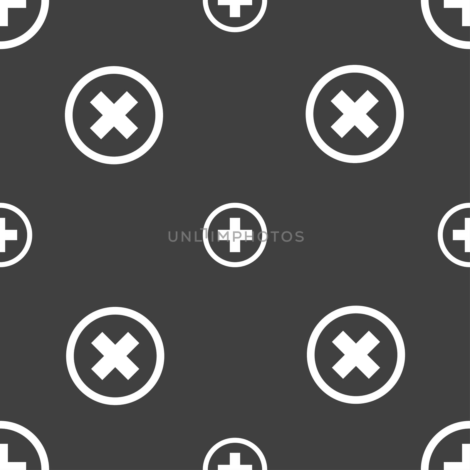 Plus sign icon. Positive symbol. Zoom in. Seamless pattern on a gray background. illustration