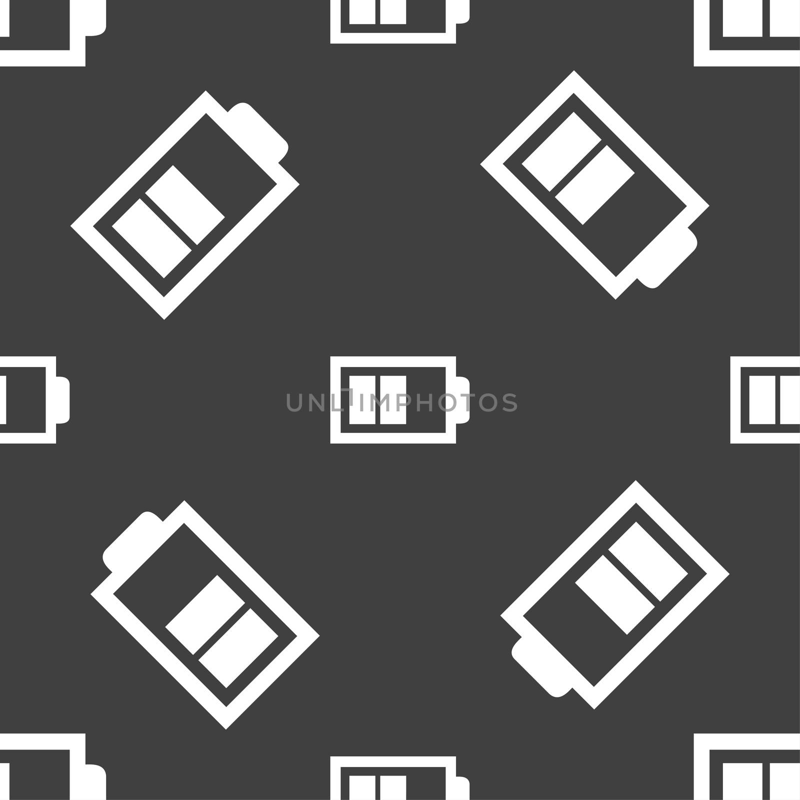 Battery half level sign icon. Low electricity symbol. Seamless pattern on a gray background. illustration