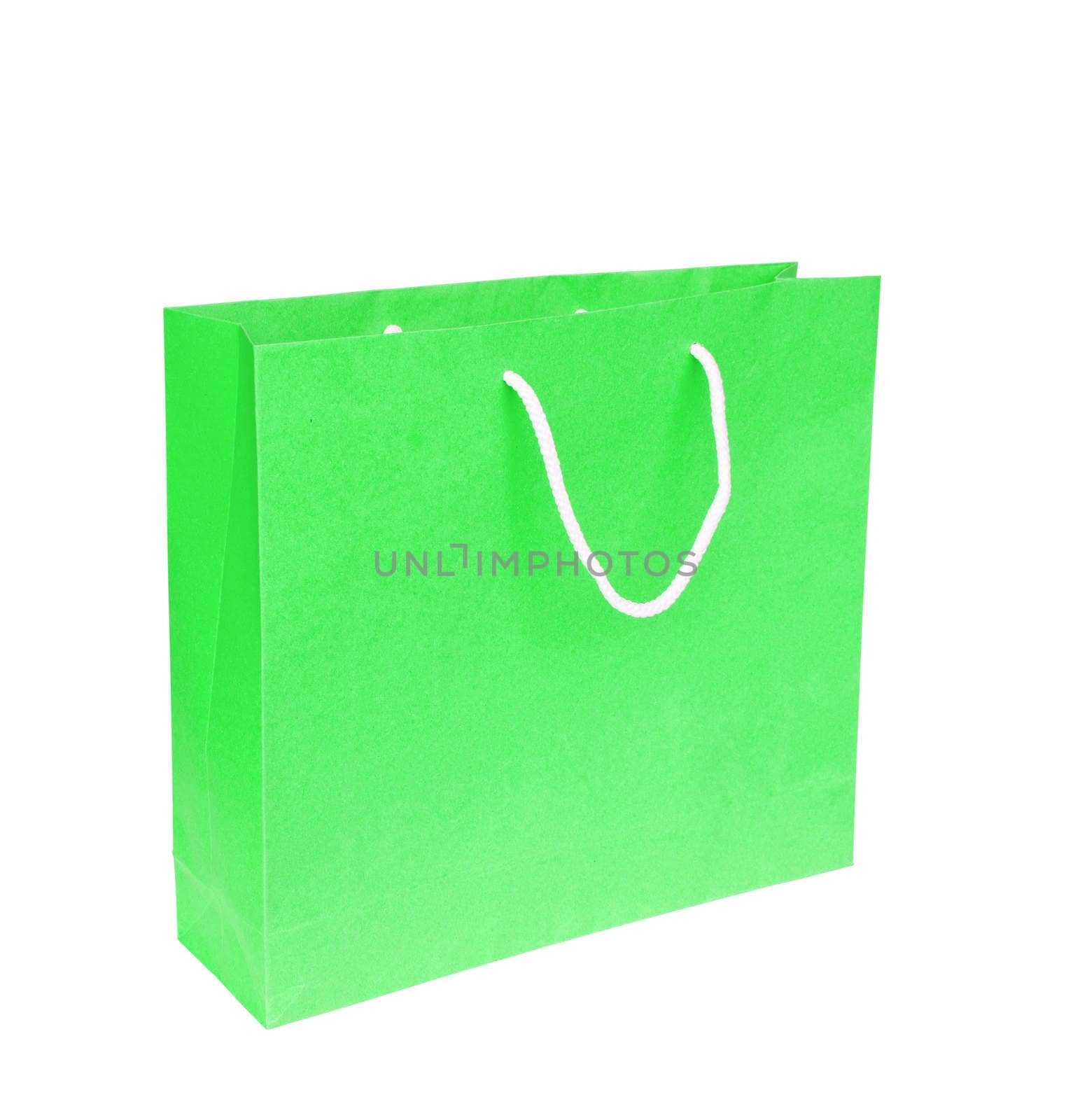 Blank green paper bag isolated on white background.