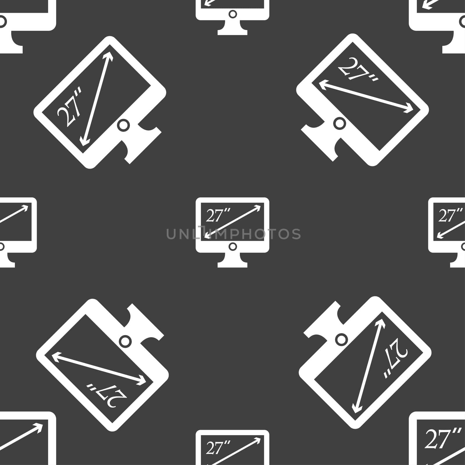 diagonal of the monitor 27 inches icon sign. Seamless pattern on a gray background. illustration