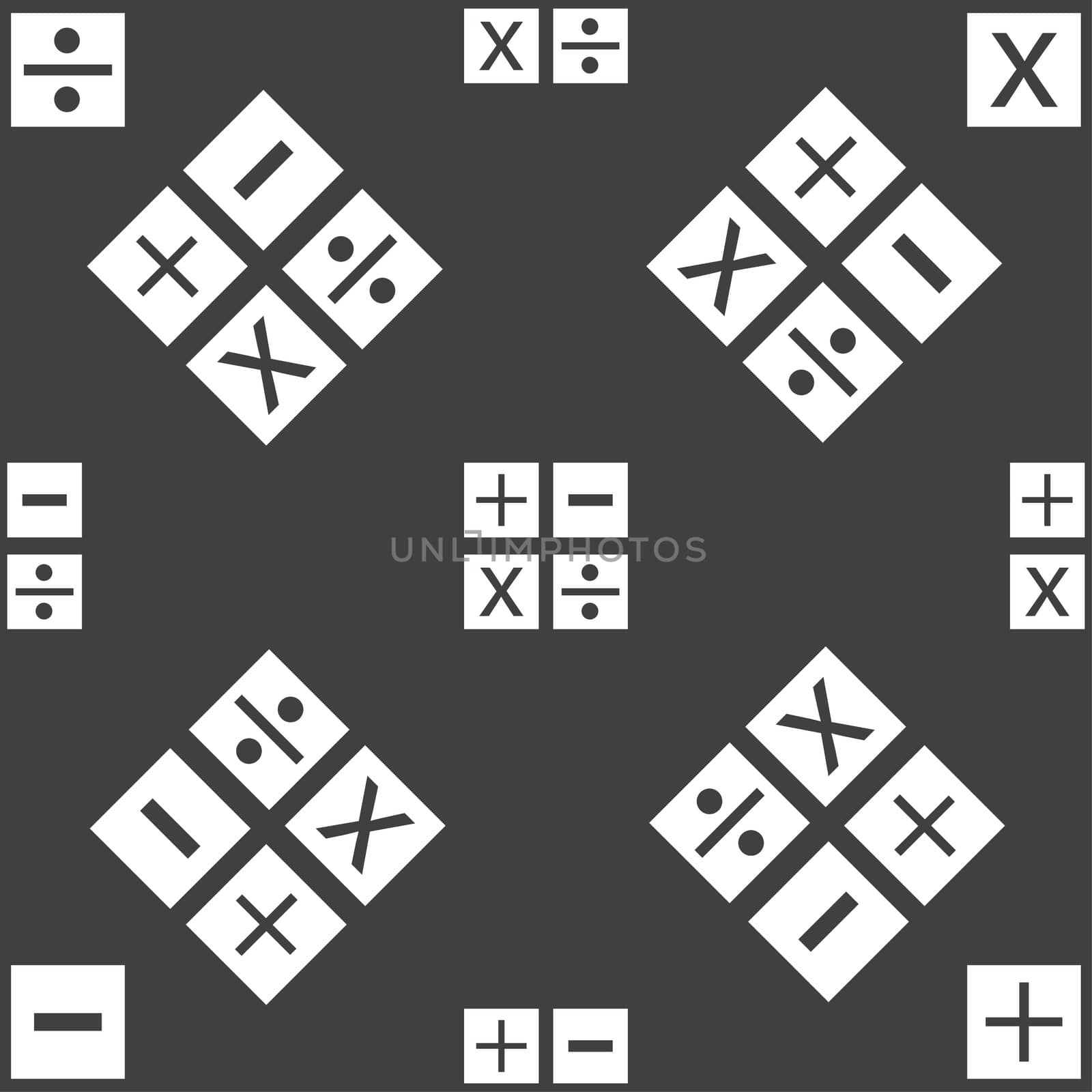 Multiplication, division, plus, minus icon Math symbol Mathematics. Seamless pattern on a gray background.  by serhii_lohvyniuk
