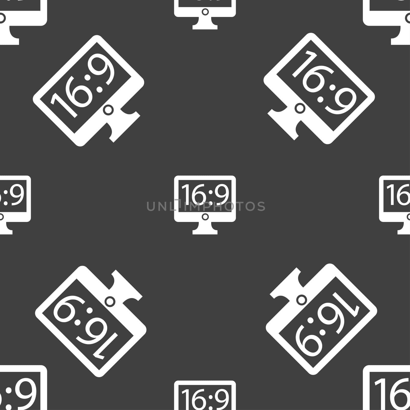 Aspect ratio 16:9 widescreen tv icon sign. Seamless pattern on a gray background. illustration