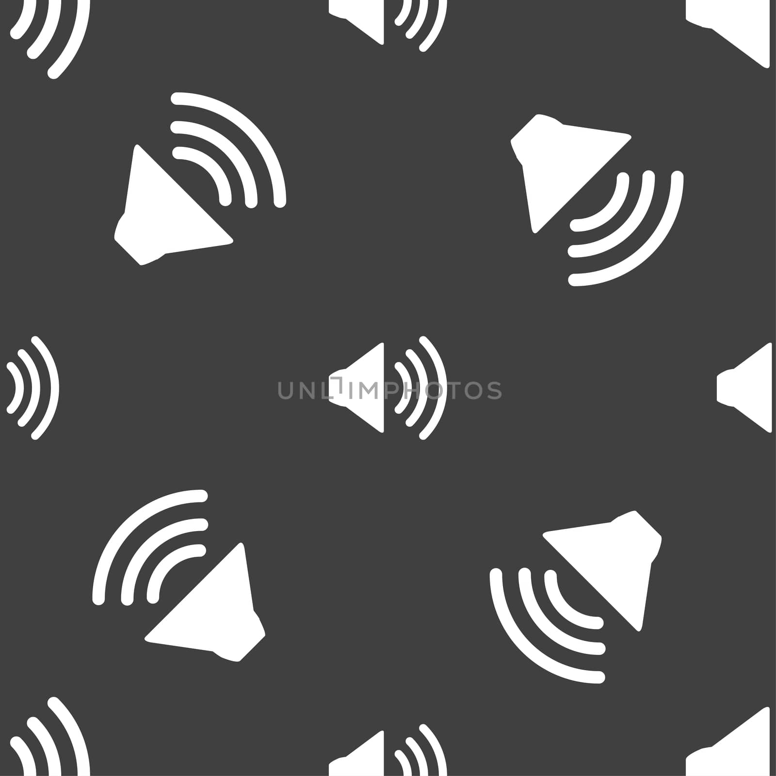 Speaker volume sign icon. Sound symbol. Seamless pattern on a gray background. illustration