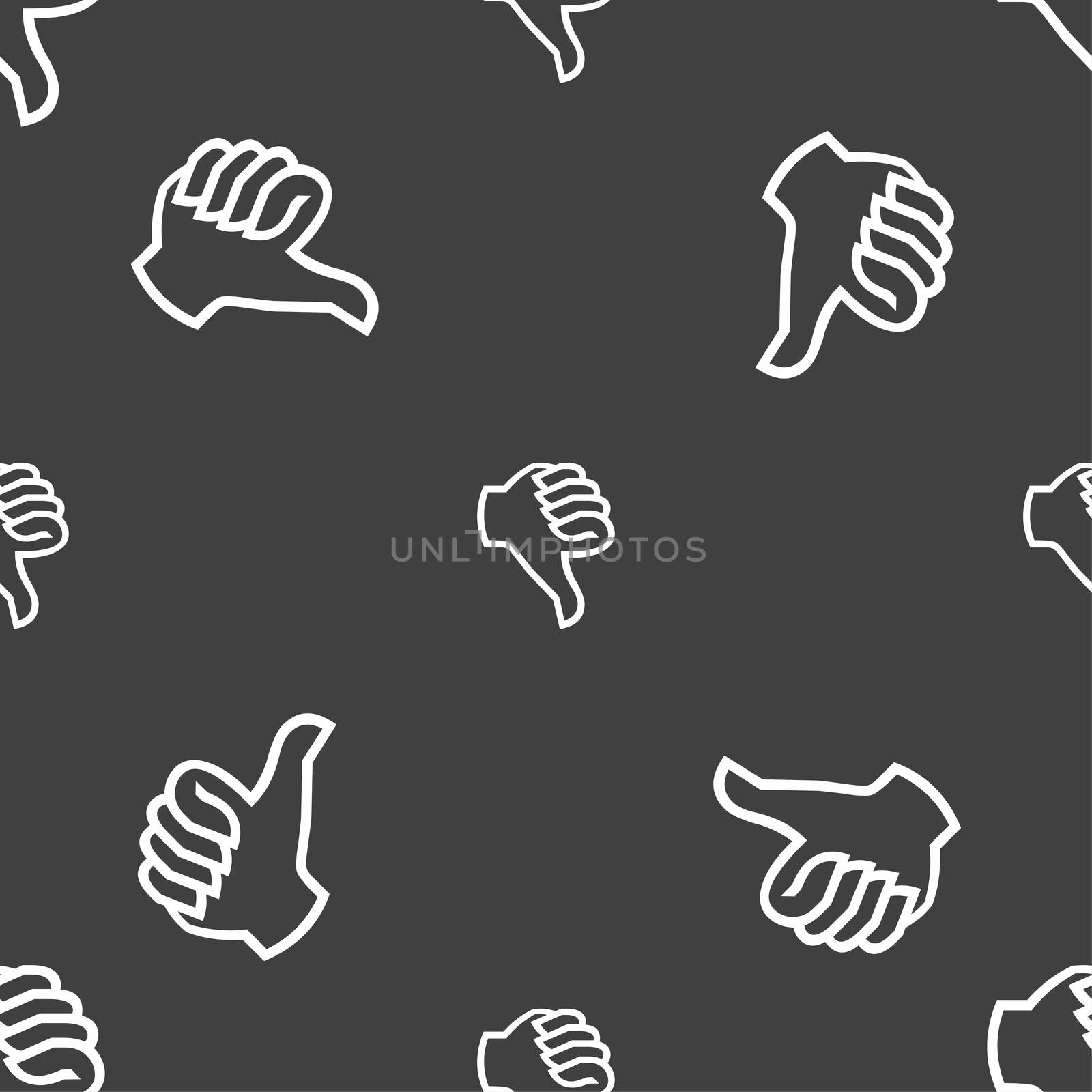 Dislike sign icon. Thumb down sign. Hand finger down symbol. Seamless pattern on a gray background. illustration